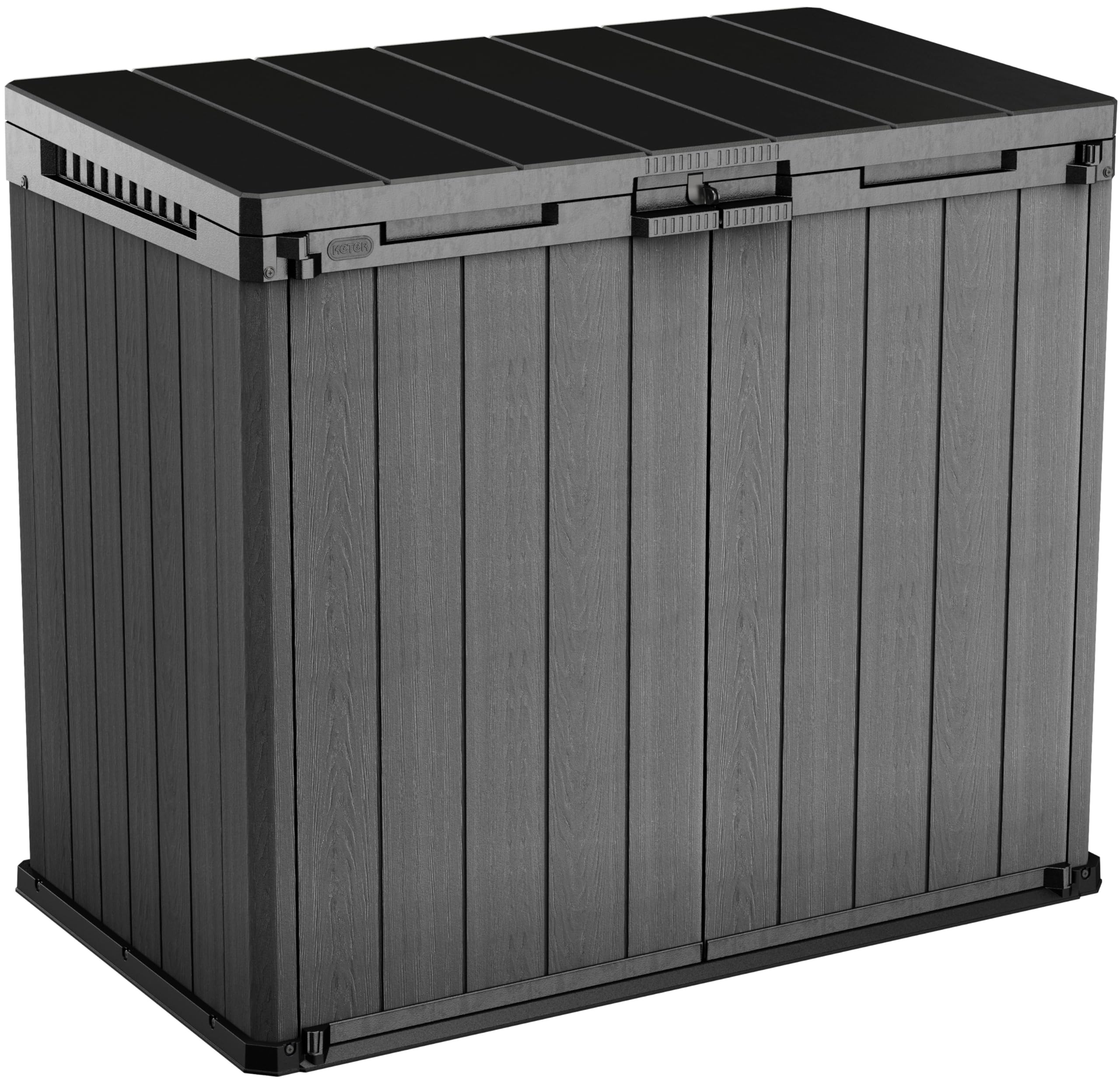 Keter Store-It-Out Darwin Armoire de rangement, 1150 l, résistante aux intempéries, aspect bois, verrouillable, pour 2 poubelles de 240 l, 141 x 82 x 118 cm, gris