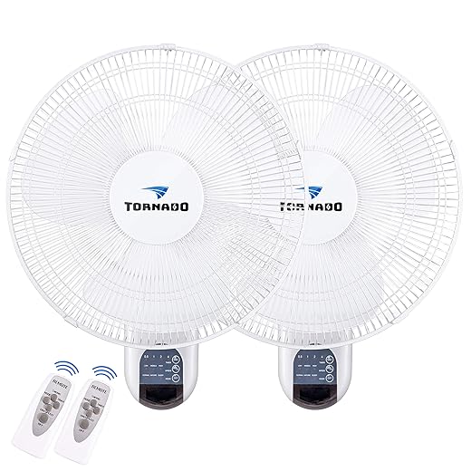 Tornado 2 Pack 16 Inch Wall Mounted Fan for Home, 90°Oscillating, Remote Control, 3 Speed 2650 CFM 6 FT Cord UL Safety Listed