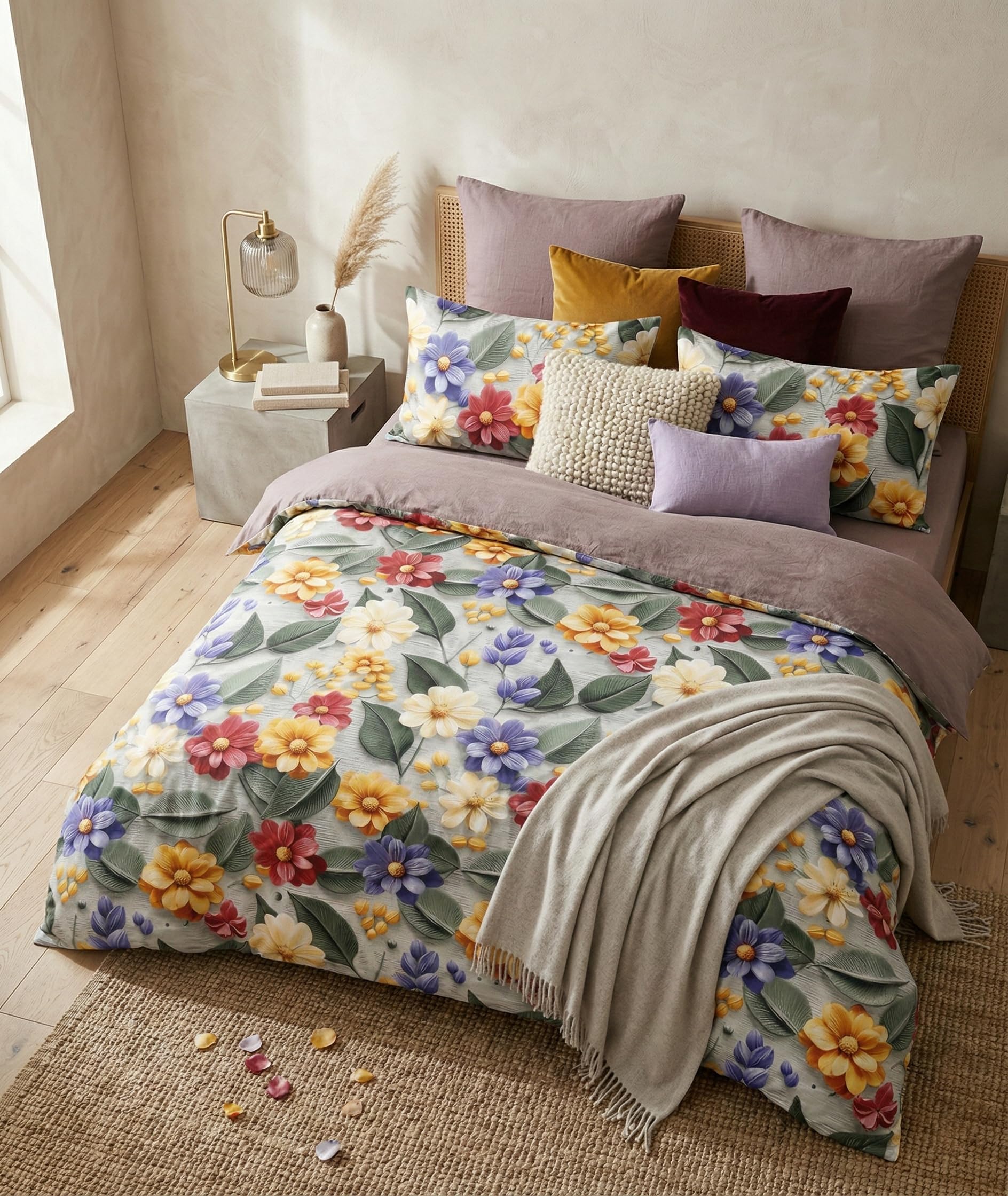 LOOMLYFE 300 TC 7D Cotton Feel Glace Cotton Elastic Fitted Printed King Size Double Bed Bedsheet with 2 Pillow Covers Fits Upto 8 inches Mattress, Size- 72X78 Inches - RedYellowSunflower