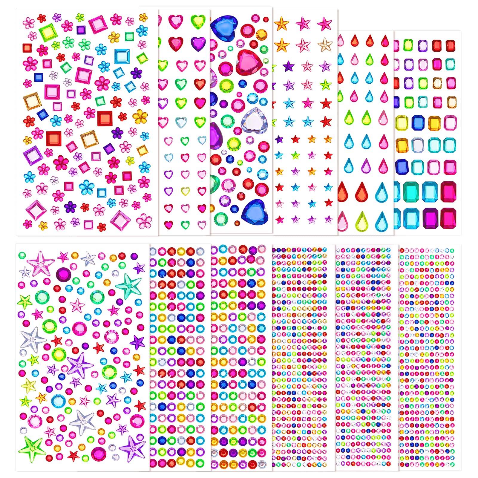KICNIC 4000 Stück Glitzersteine Selbstklebend, 3D Glitzer Sticker, Bunte Strasssteine Gesicht, Klebesteine zum Basteln Verschiedene Formen für Festival Deko, DIY, Schminke