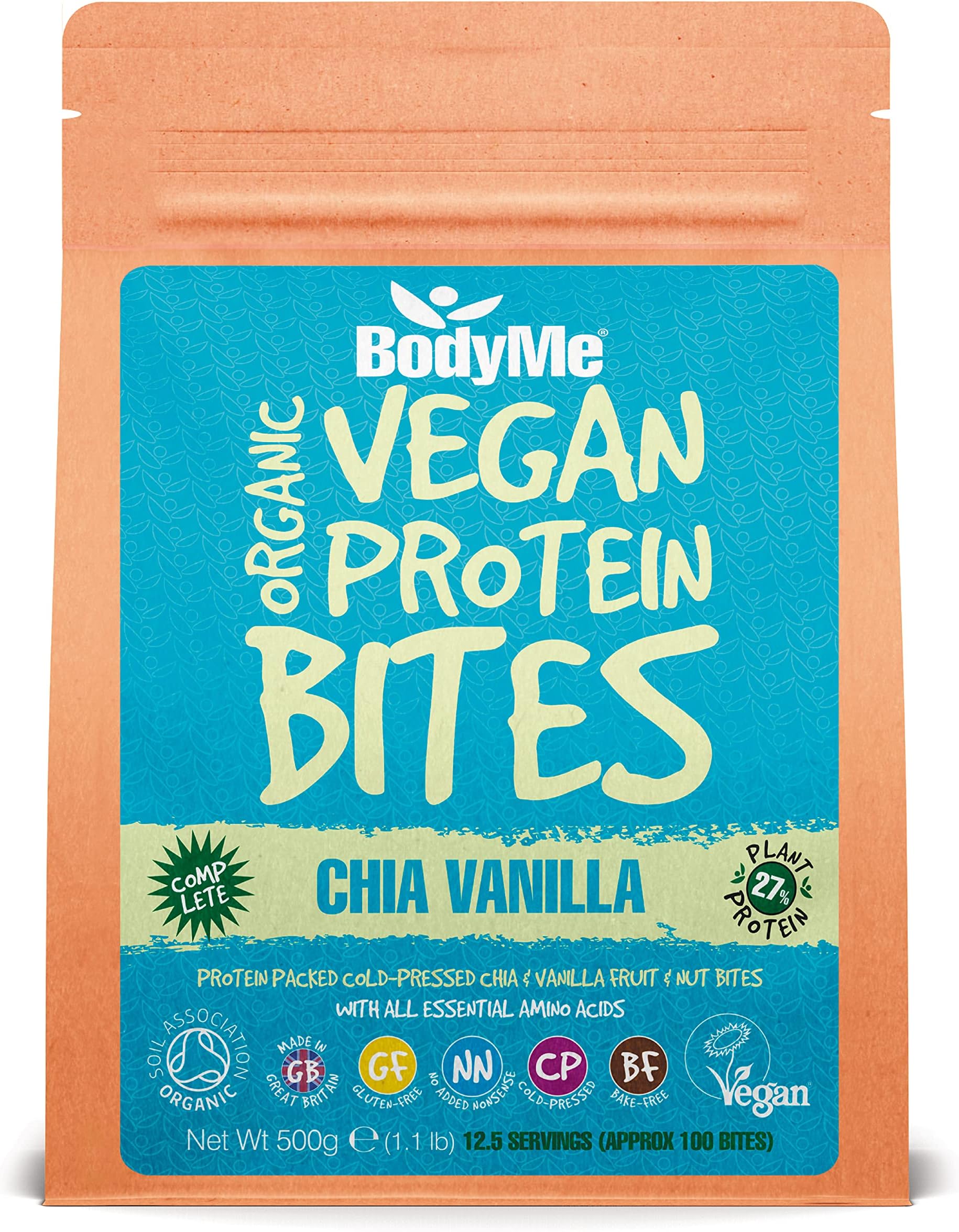 BodyMe Organic Vegan Protein Bites | Raw Chia Vanilla | 1.1lb 500g | 100 Bites | with 3 Plant Proteins