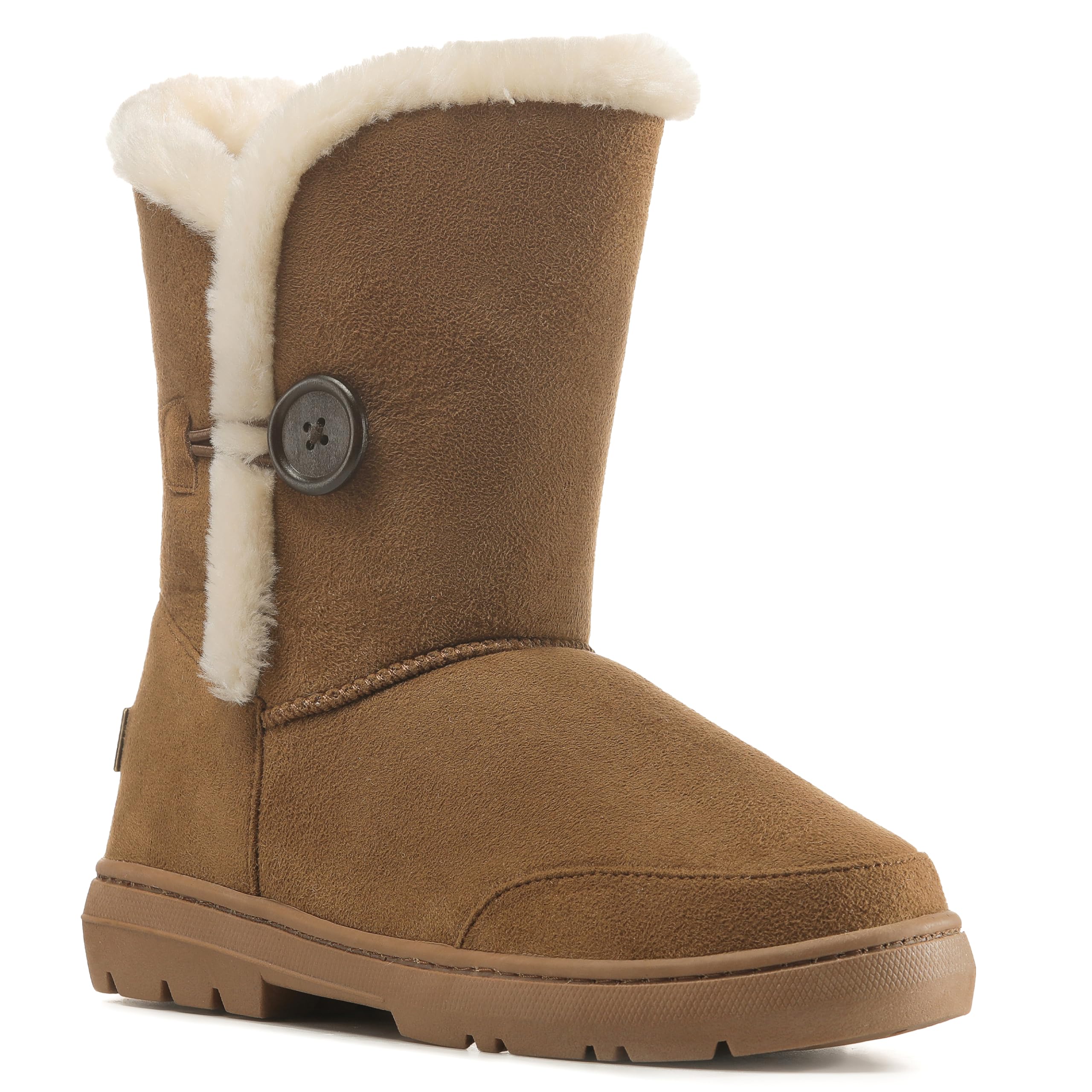 Holly Women’s Waterproof Winter Ankle Boots - Faux Fur Lined Slip-On Shoes with Single Button Detail - Comfortable Warm Outdoor Footwear - Tan - UK7/40