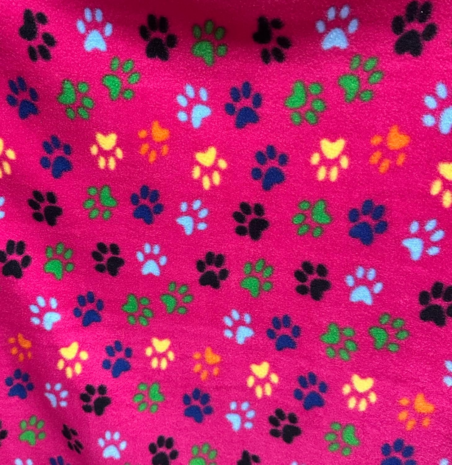 Paw Print Fleece Fabric by The Yard – Hot Pink Background with Multicolor Dog Paw Prints, Warm Blanket Fabric for Pet Blankets, Crafts, Sewing, Throws- FABRIC GIFT LA