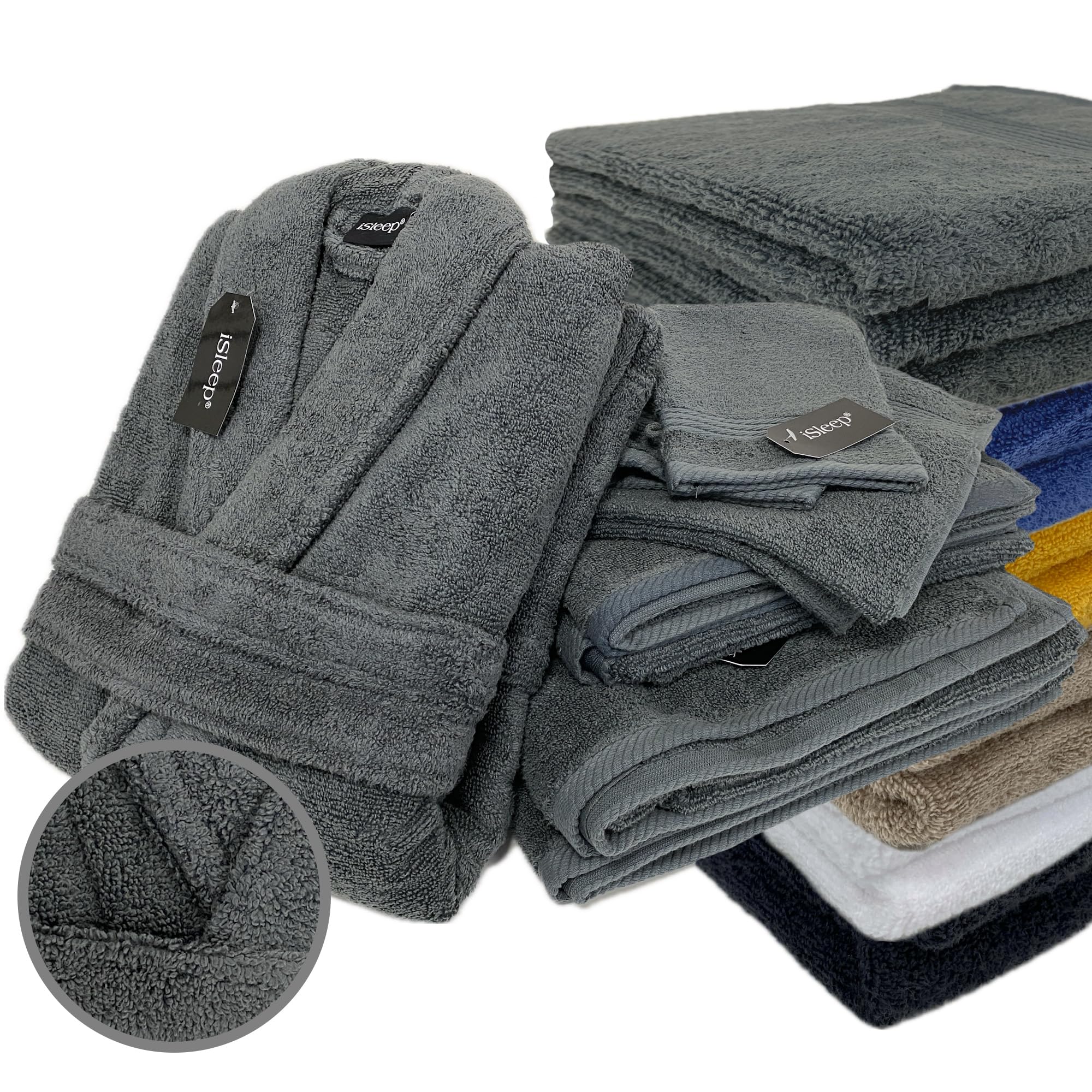 iSleep Set di 9 Asciugamani, 2 Guanti, 2 Teli da Bagno, 1 Accappatoio (Antracite, Extra Large), iSleep-Set9Bath