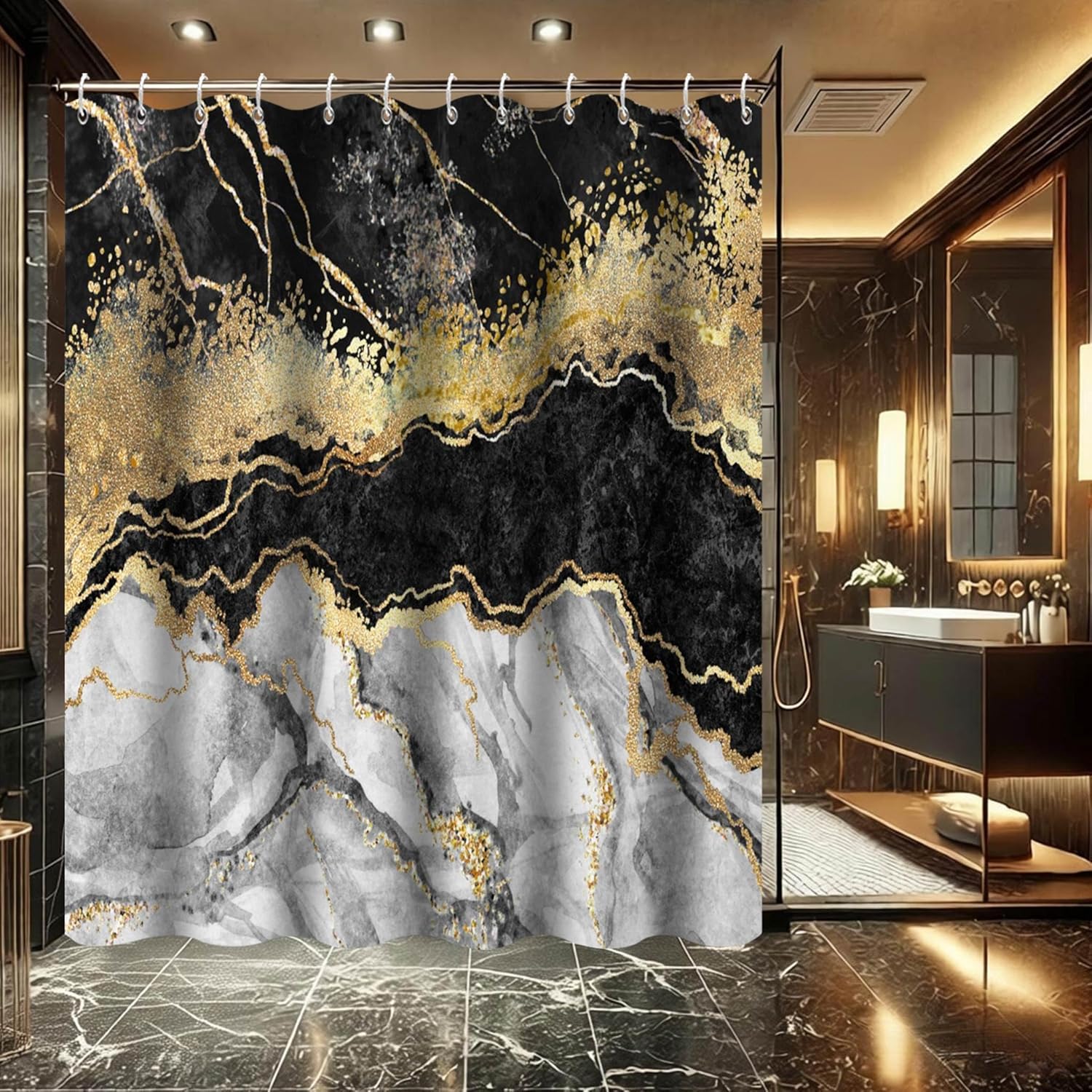 Marble Shower Curtain, Black and Gold Texture Abstract Luxury Shower Curtains for Bathroom Decor Waterproof Fabric Easy Care with Hooks 72x78in