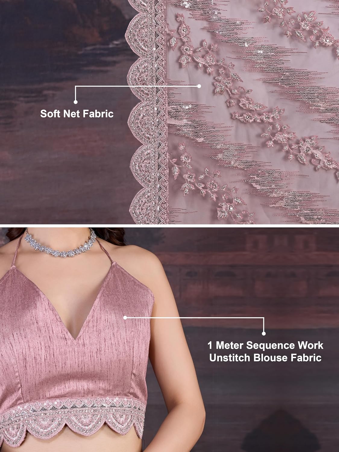 TRENDMALLS Women's Net Sequin Embroidery Work Saree with Unstitch Blouse Piece
