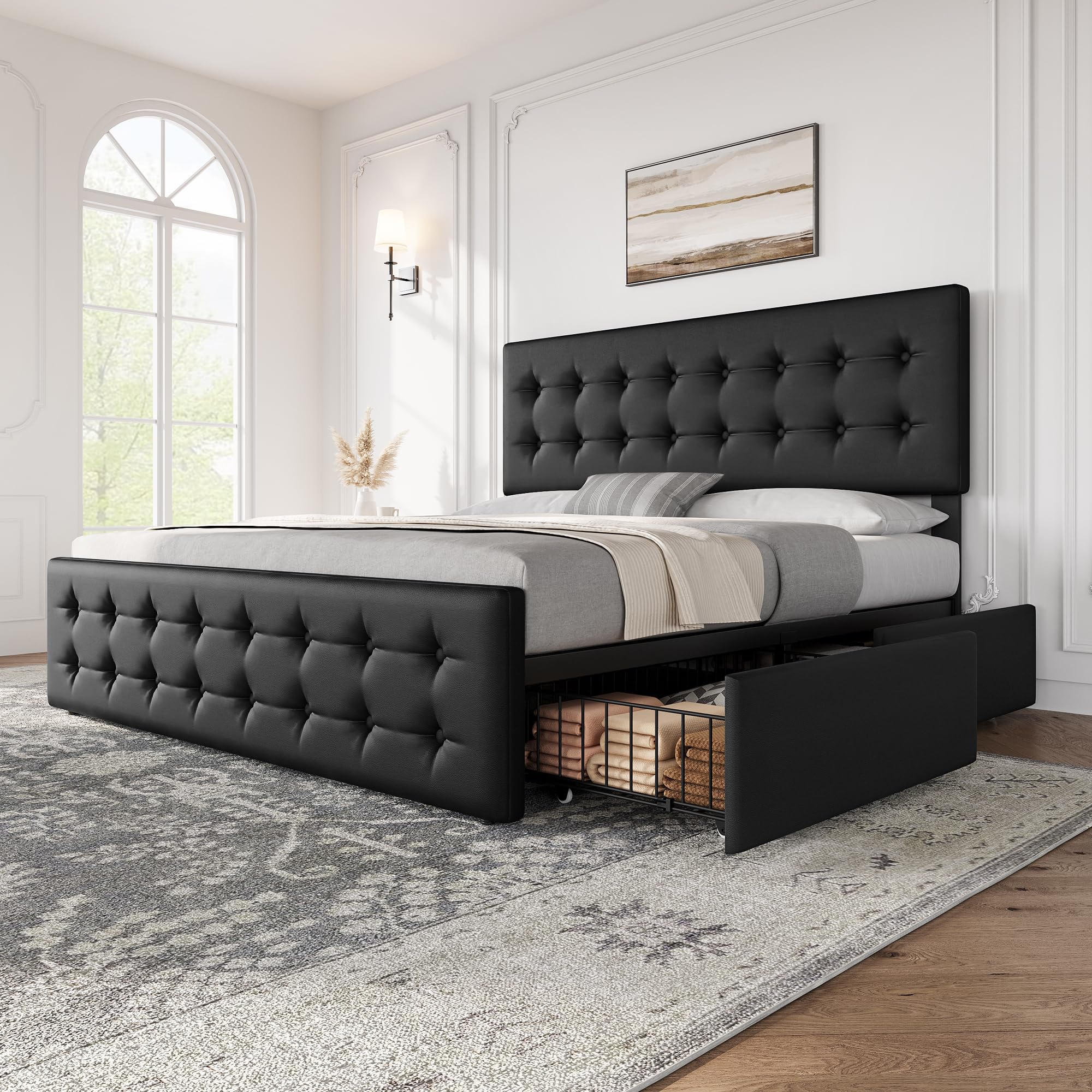 IDEALHOUSE King Size Bed Frame with 4 Storage Drawers and Headboard Faux Leather Upholstered Platform Bed Frame with