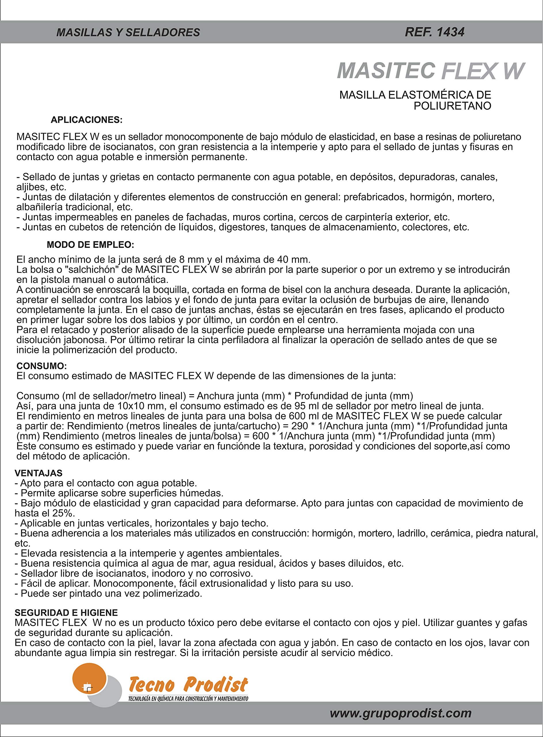 Tecno Prodist MASITEC FLEX W 600ml Stucco riempifughe per Giunti di dilatazione e fessure - Sigillante poliuretanico, anche sott'acqua – Stucco colla elastomerico poliuretanico - Colore grigio