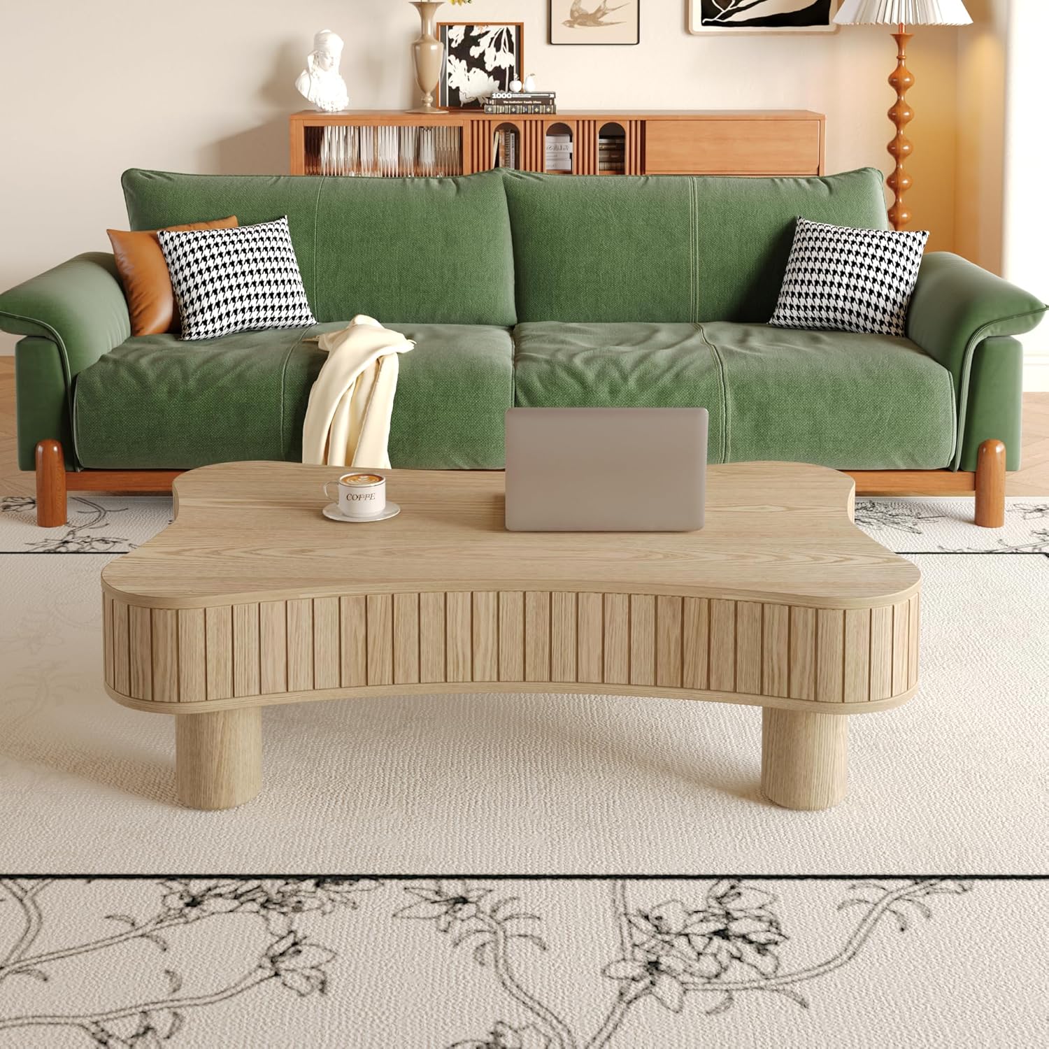 Lift Top Coffee Table with Storage, 42" Fluted Wooden Coffee Table with Lifting Top, 4 Sturdy Legs & Curved Safety Corners, Modern Center Table for Living Room Apartment Home Office, Natural Wood