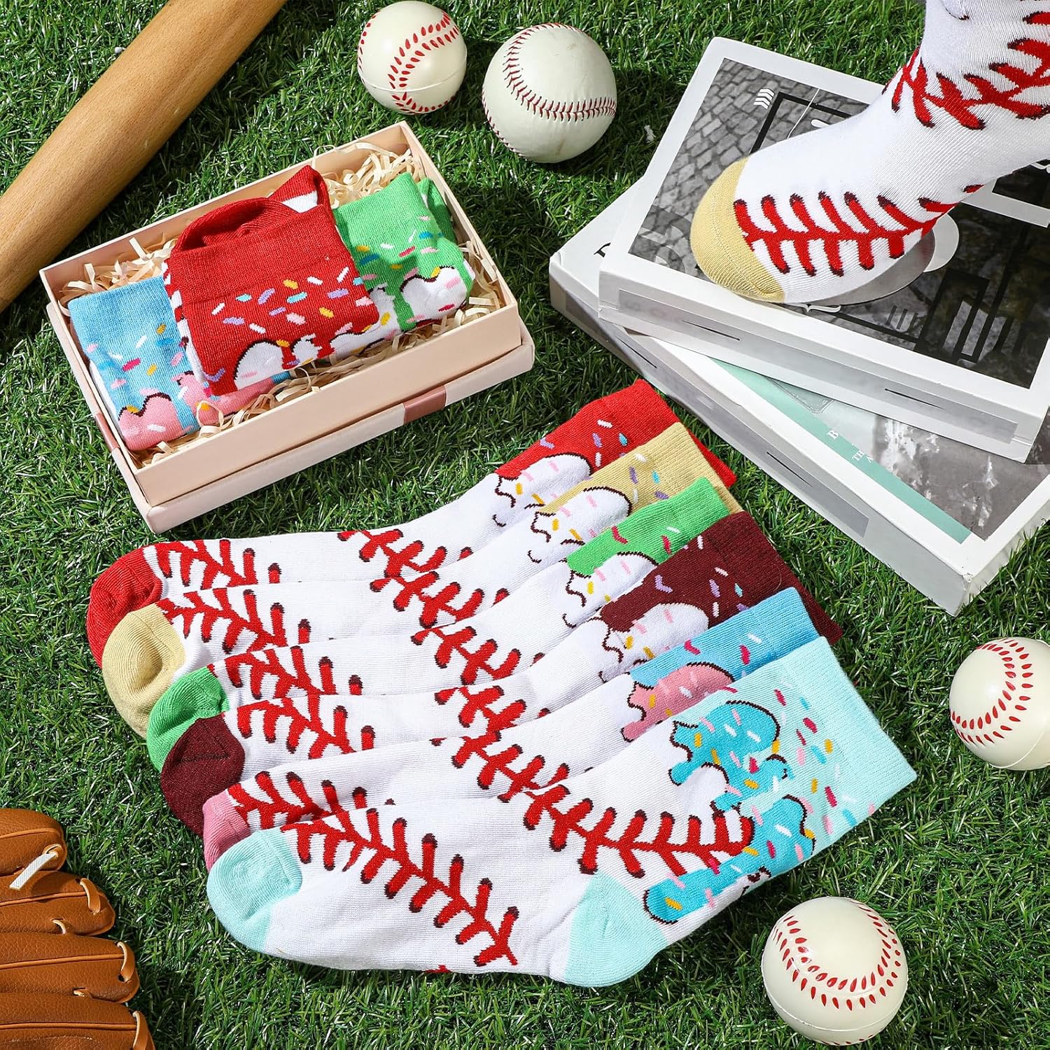 12 Pairs Ice Cream Baseball Socks for Men Novelty Crew Socks Ice Cream Drip Gifts for Baseball Lovers Sport Teams - Image 2