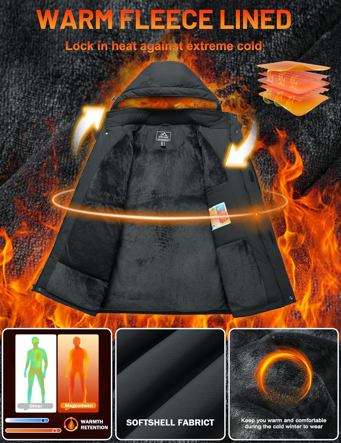 MAGCOMSEN Winter Coats for Men Ski Snow Jacket Waterproof Fleece Insulated Jackets Outdoor Snowboard Warm Parka Raincoat - Image 2