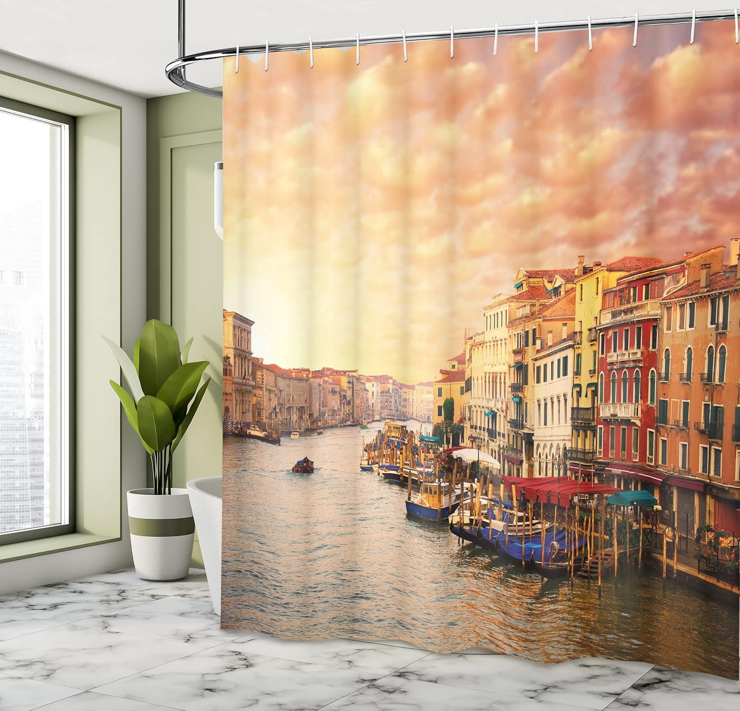 Ambesonne Scenery Shower Curtain, Venezia City Italian Landscape with Old Houses Gondollas and Spikes Image, Cloth Fabric Bathroom Decor Set with Hooks, 69" W x 84" L, Indigo Burgundy Ecru