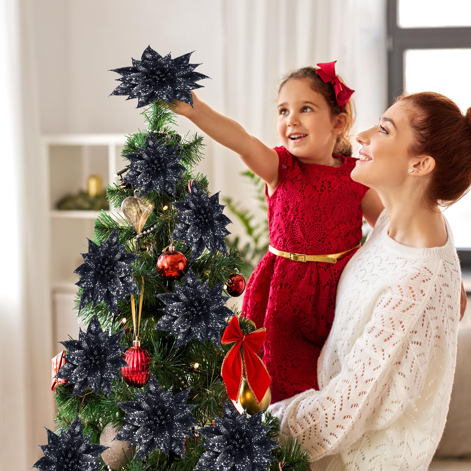 Sggvecsy 15 flores de Navidad con brillantina, adornos para árbol de Navidad, flores de Pascua artificiales brillantes con clips para Navidad, vacaciones, boda, corona, fiesta, decoraciones florales