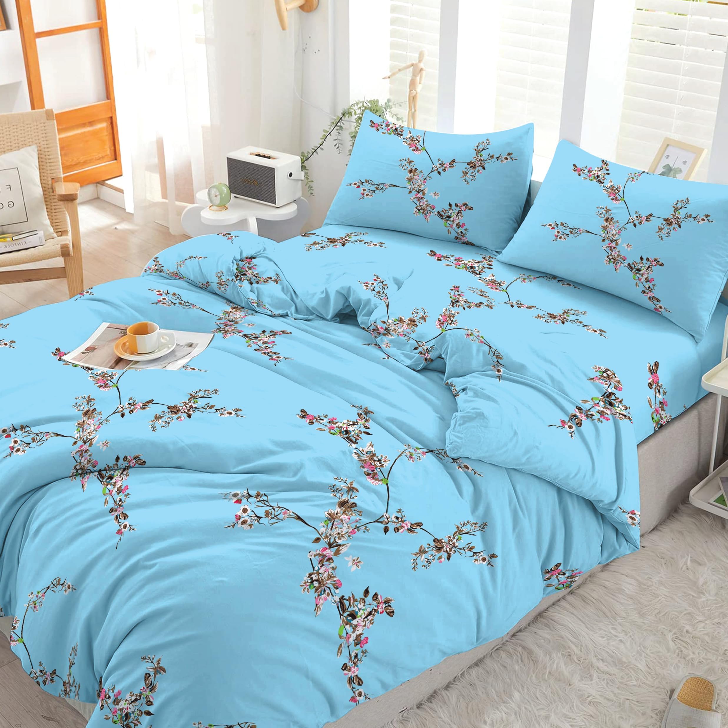 EverSoft Bedding 4Pcs Set 100% Egyptian Cotton Printed Duvet Cover Double Size with 1x Printed Fitted Sheet & 2 Matching Pillowcase Pair 400 Thread Count Quilt Reversible Double Duvet Cover Set