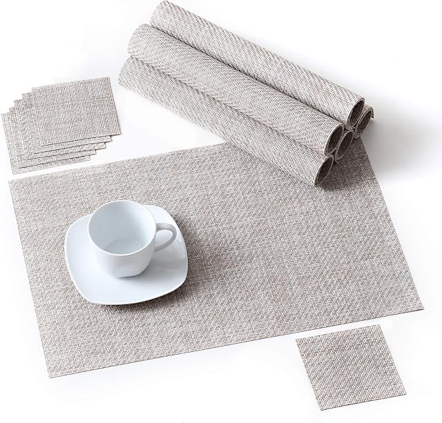 LOVECASA Placemats and Coaster Sets of 6, Washable PVC Placemats and Coaster [Non-Slip] [Heat-Resistant] Table Mats Set of 6 (Beige),45CM X30CM