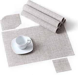 Tovagliette e Sottobicchieri Americana PVC Plastica Rettangolo Tovagliette da Tavola Colazione Pranzo Lavabili, Antiscivolo, Antimacchia,Resistenti al Calore, Set 6 Pezzi Tovaglietta, Argento