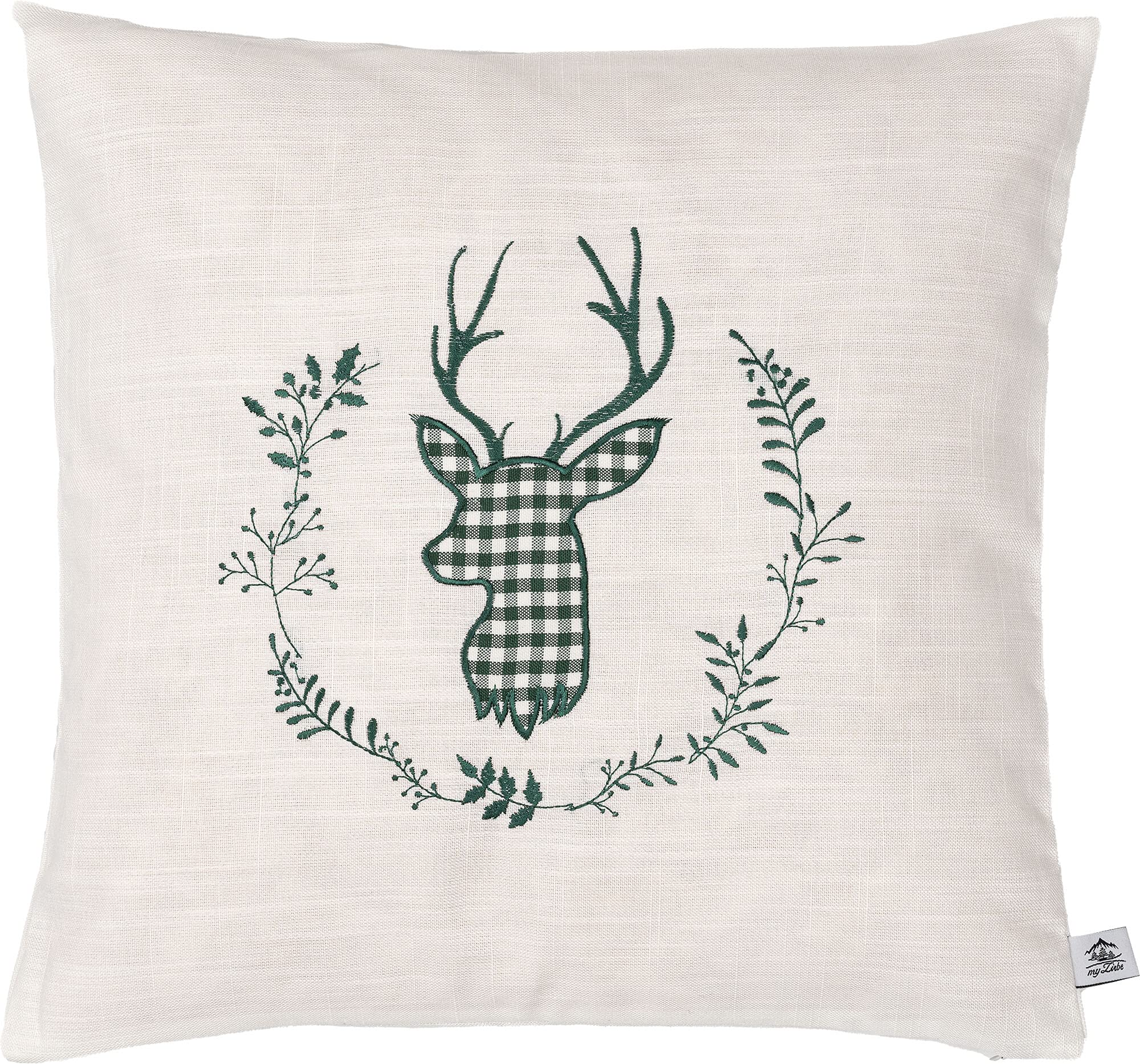Coussin en pin beige vert brodé cerf 40x40 artisanat des Alpes