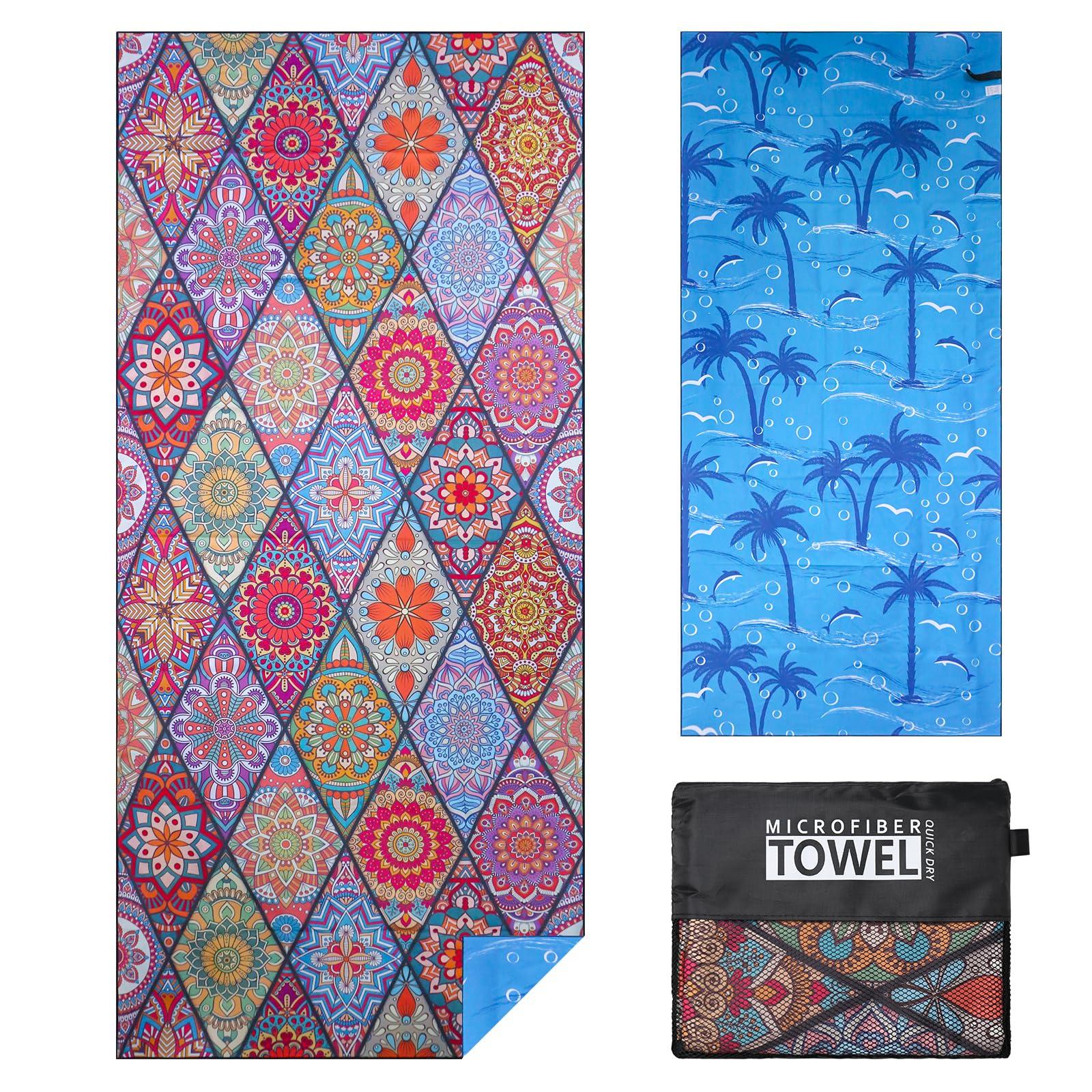 Vorvowry Microfibre Beach Towels for Adults Women Men Extra Large Lightweight Quick Dry Sand Free Travel Towel Double Sided Printing for Swim Sports with Mesh Bag 80×180cm Bohemia 1 Pack