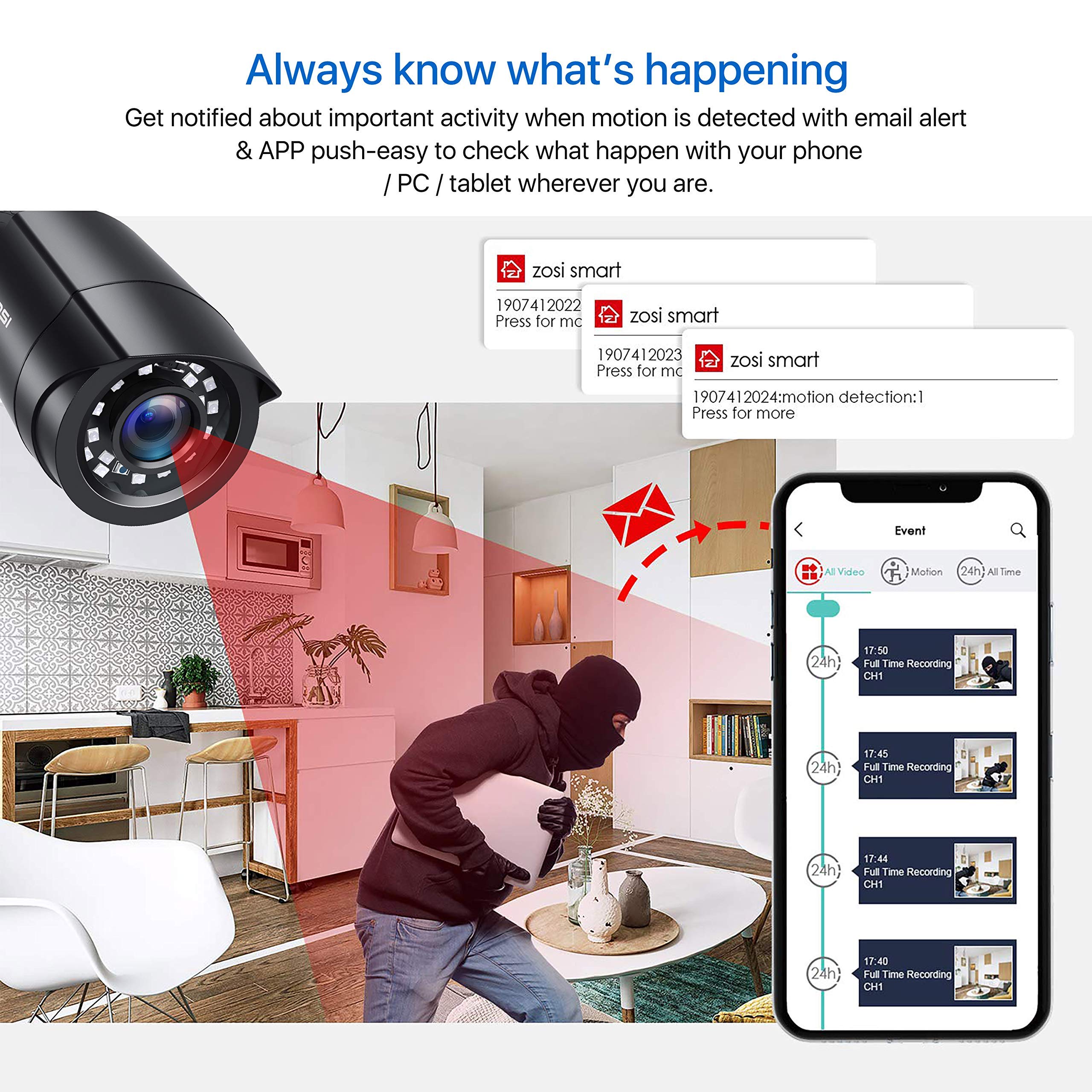 ZOSI 5MP Lite Kit de Cámara de Vigilancia 4pcs 1080p Cámara de Seguridad Exterior con 8CH H.265+ Grabador DVR, Visión Nocturna, Alarma de Movimiento, sin Disco Duro