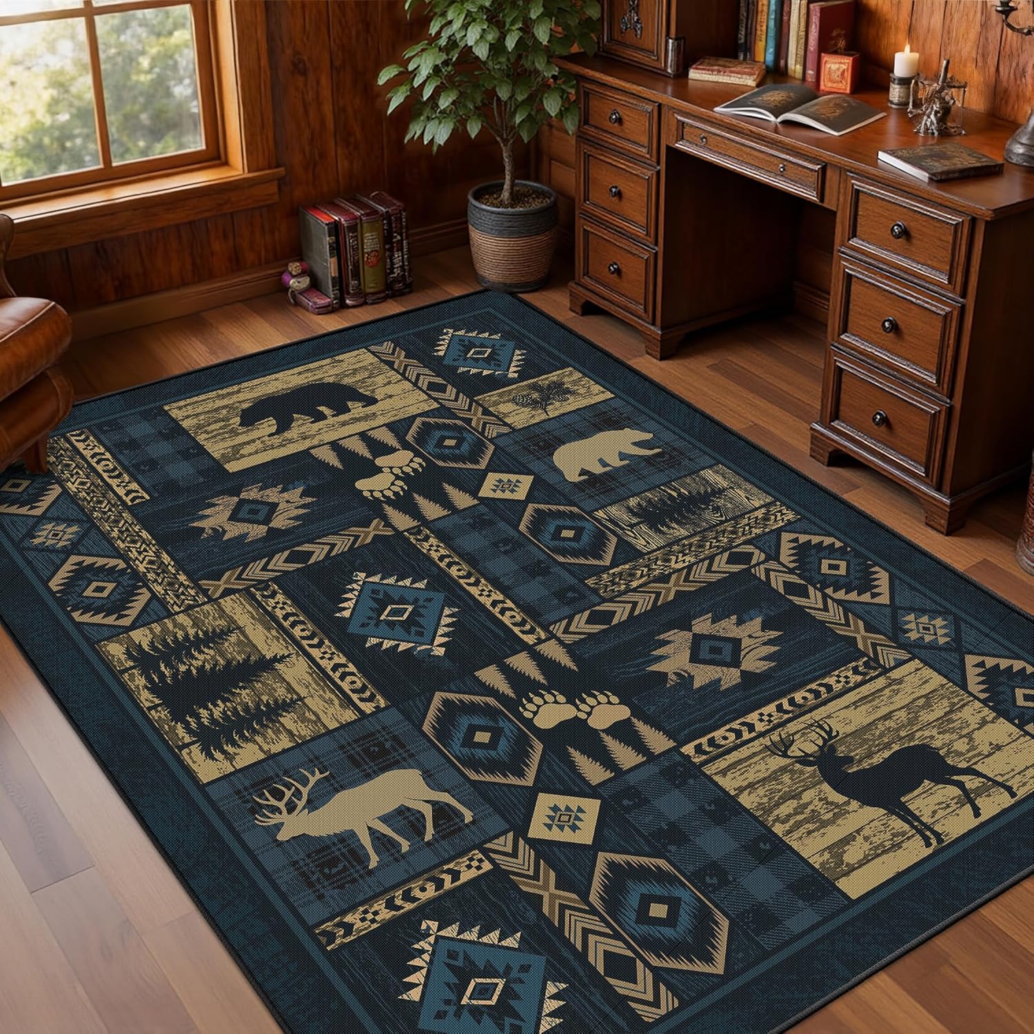 Rustic Cabin 5x7 Area Rugs, Machine Washable Upgrade Non-Slip Country Bear Rug Ultra-Thin Linen-Look Low Pile Print Pattern Western Deer Carpet for Living Room, Bedroom, Dining Room, Office, Blue