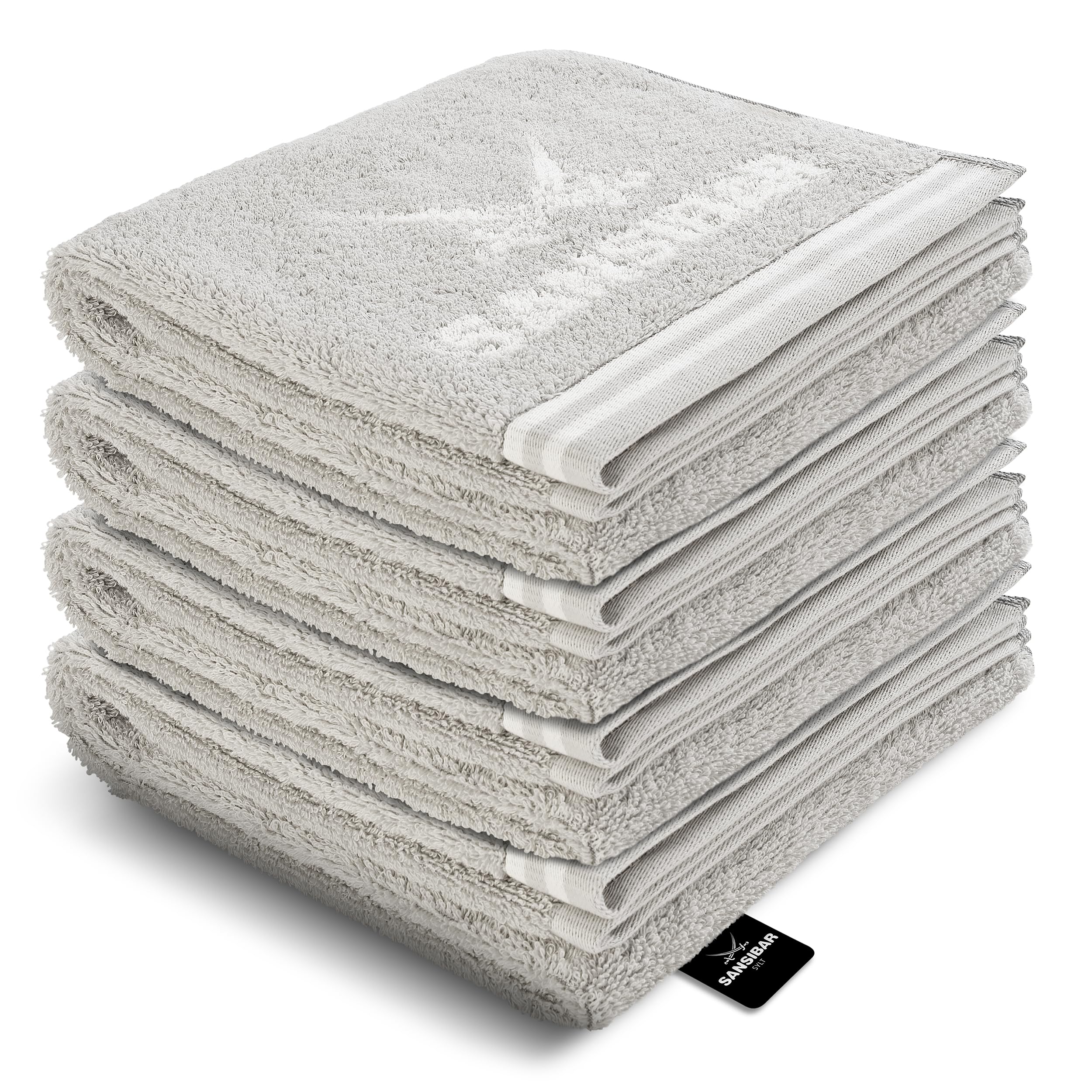 Sansibar Handtuch 4er Set 50x100 cm 100% Baumwolle Doubleface Frottiertuch gestreifte Borde Zweifarbig Silber/Weiß