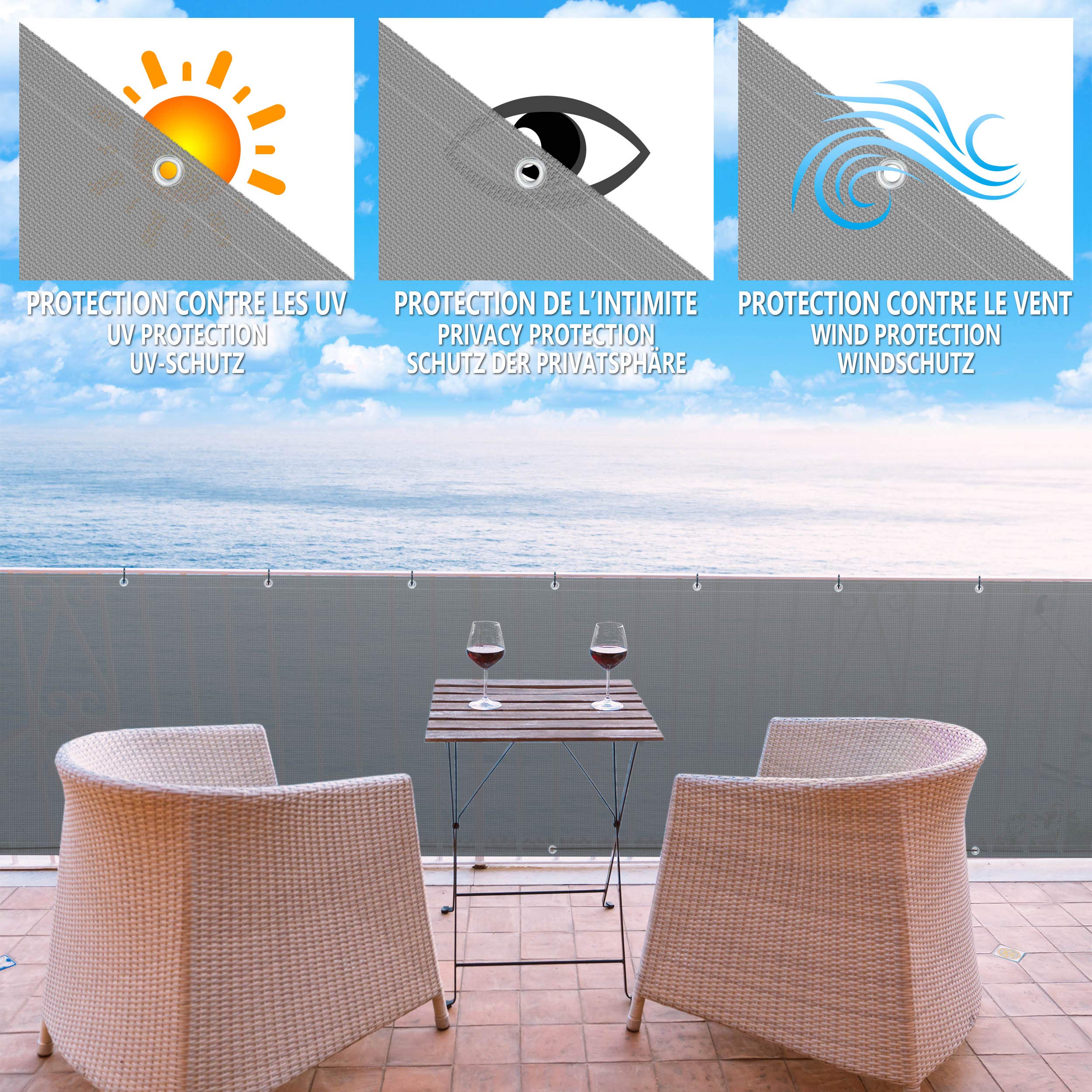 VOUNOT® Pantalla Protección de Privacidad para Balcón Jardín, HDPE, Protección UV, con Cuerda y Bridas, Gris, 600x90cm
