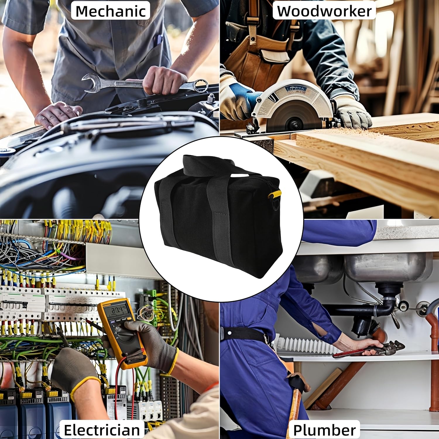 16 Inch Canvas Tool Bag, Small Tool Bag for Men, Large Capacity Wide Mouth Tool Organizer Tote Bag for Storage Hand Tools Wrenches (Black, 16 Inch)