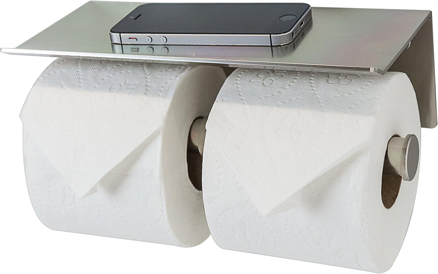 Reversible Adhesive Toilet Paper Holder with Phone Shelf, Supports Large Rolls, Modern Style (Brushed, 1-Roll)