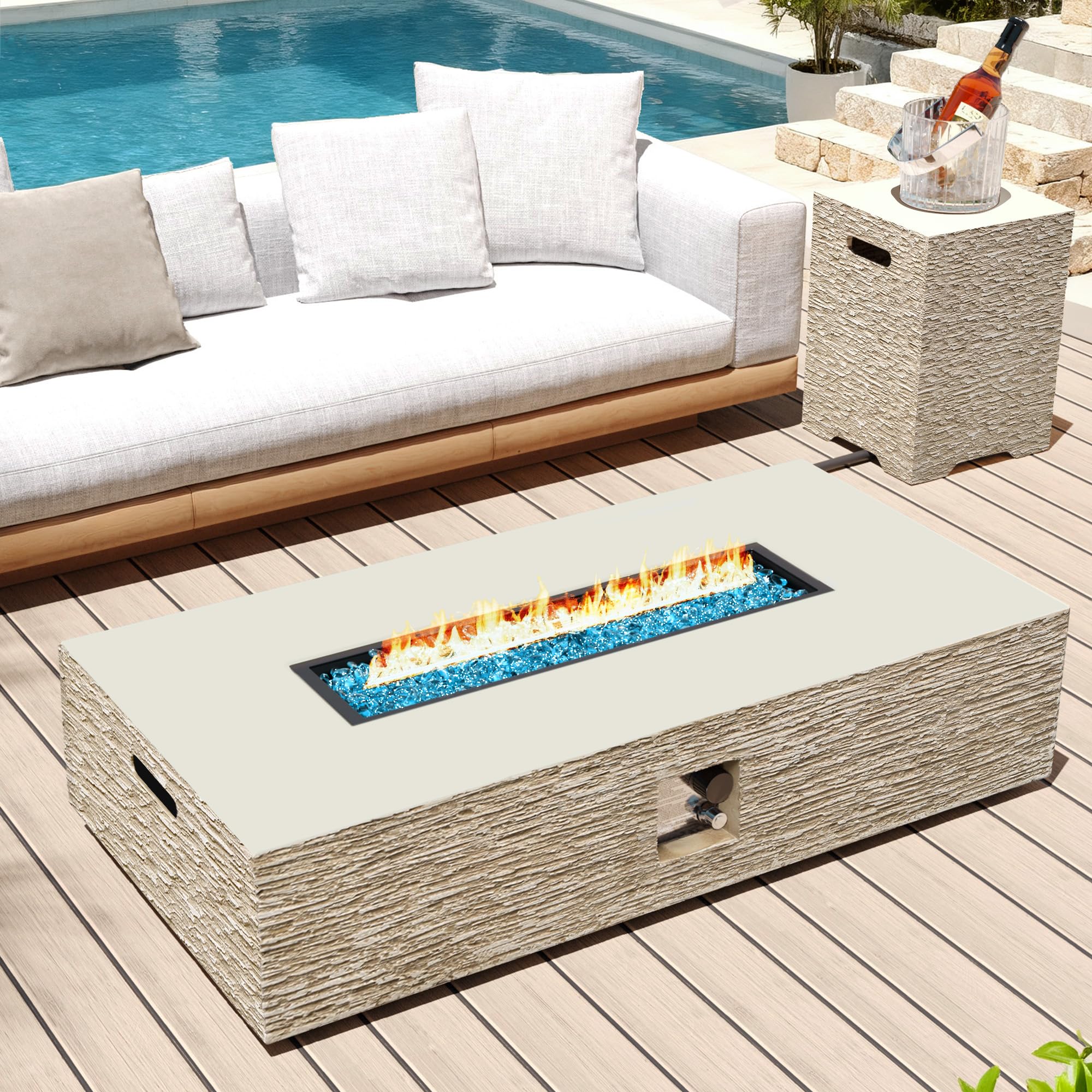 UPHA 56-inch Outdoor Propane Gas Fire Pit Table 50000 BTU Concrete Round FirePit for Outside Patio with Propane Tank Cover, Blue Glass Rocks, Rain Cover, Beige Texture