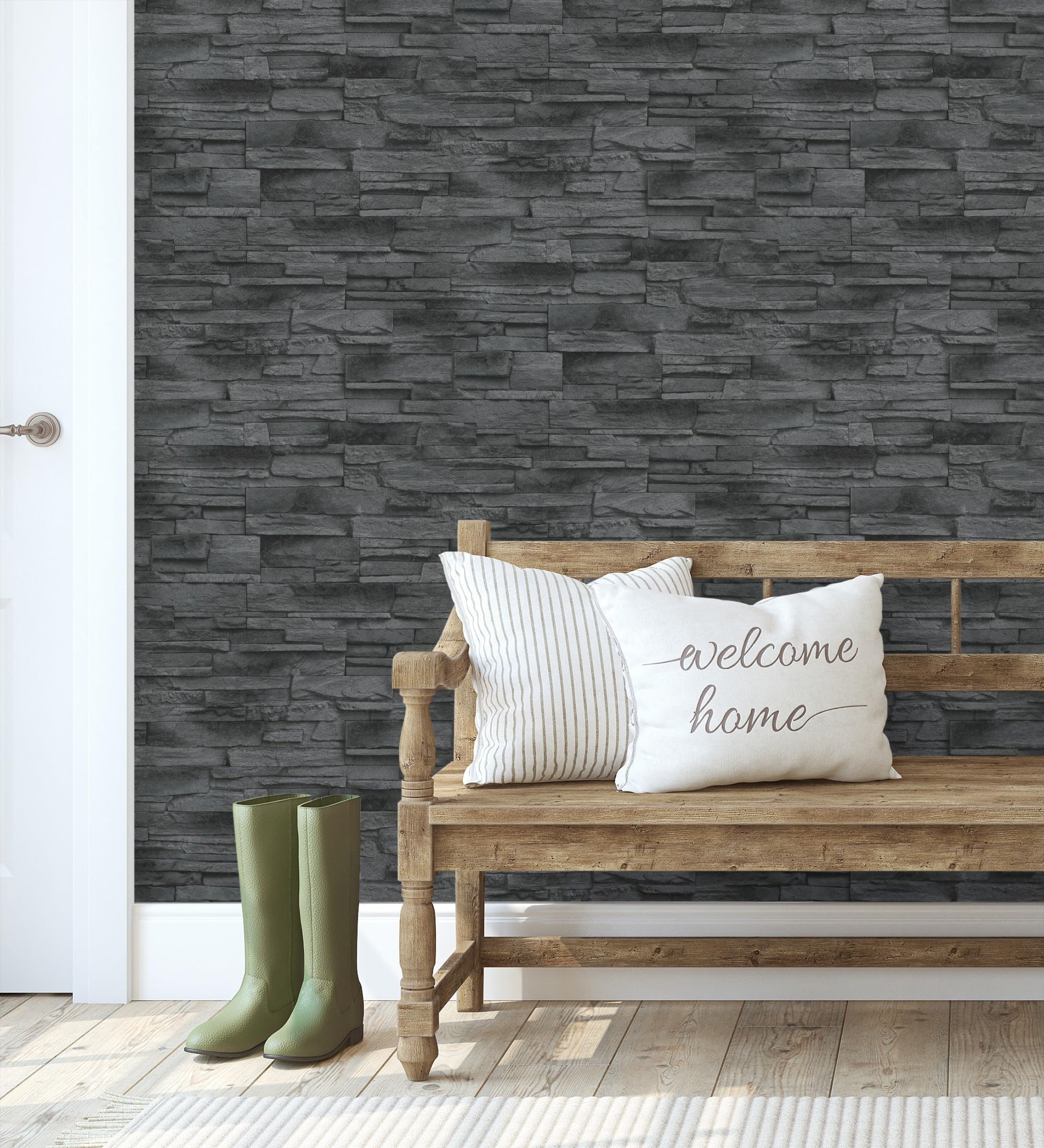 Papier peint vinyle texturé ardoise noire mur de cuisine et couloir