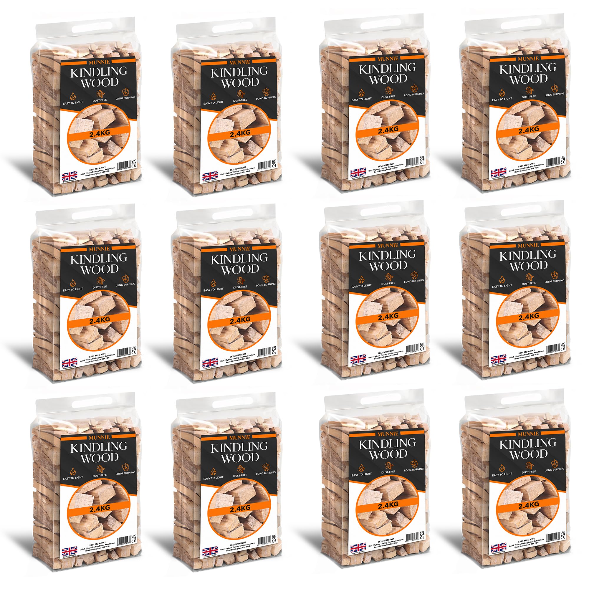 Munnie Kindling Wood 12 Pack x 2.4KG – Premium Kiln-Dried Firewood for Wood Burners, Fire Pits, BBQs & Pizza Ovens – Easy to Light, Smokeless, Long-Lasting Fire Logs – Low Moisture & Clean Burn