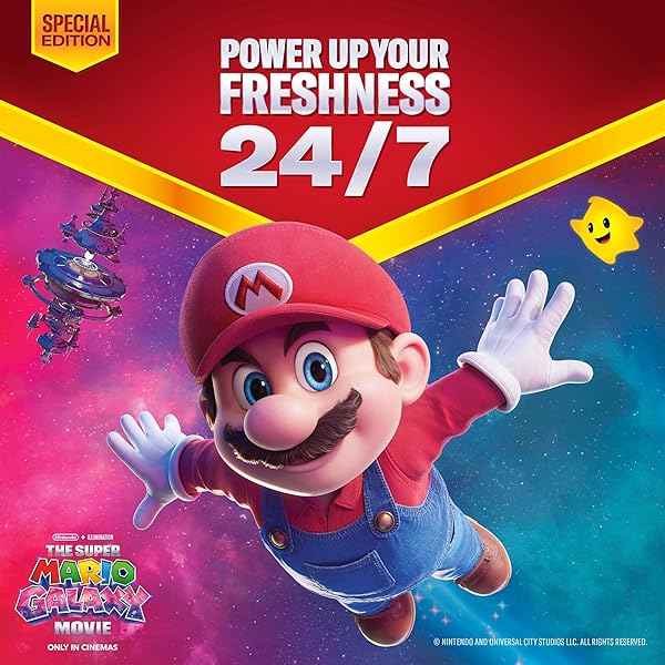 Nahaufnahme der limitierten Old Spice Super Mario Galaxy Duschgel-Flasche mit Pumpspender.