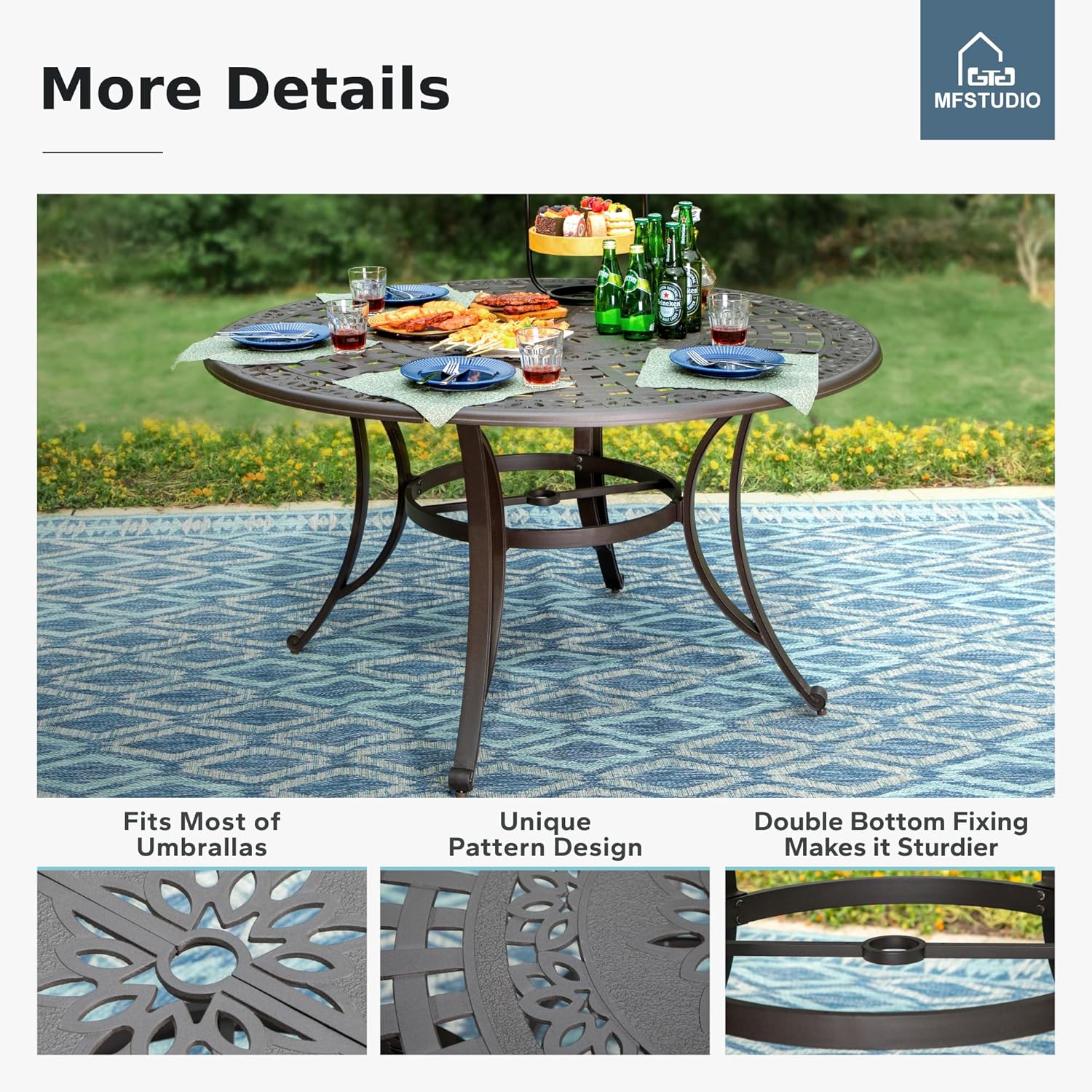 MFSTUDIO Cast Aluminum Patio Dining Table, 54" Round Outdoor Table with 2.2’’ Umbrella Hole, Retro Pattern Metal Aluminum Outdoor Dining Table for 4-6