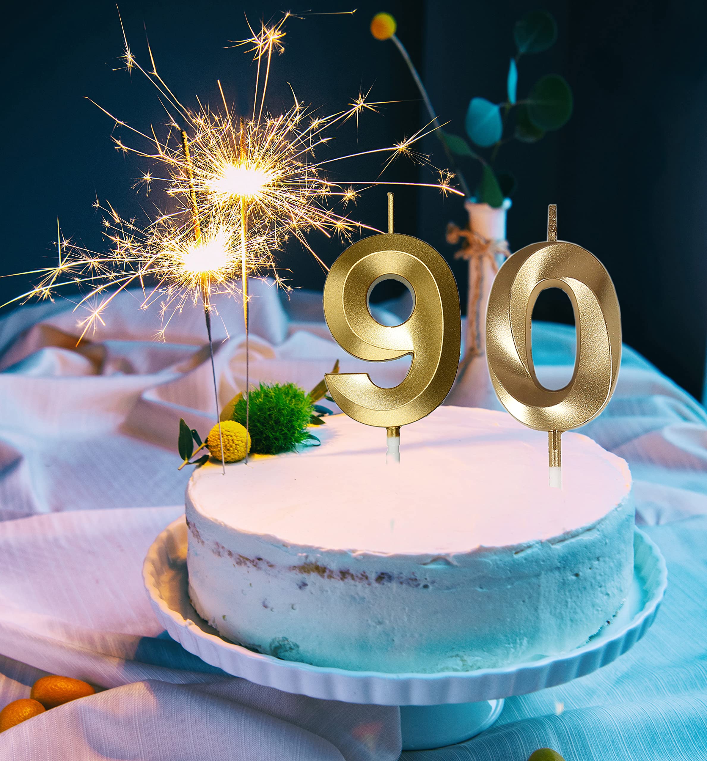 Kerzen zum 90. Geburtstag, goldene Zahl 90, Kuchendekoration für Geburtstag, Dekoration, Party
