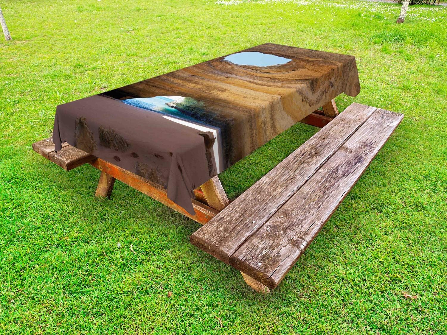 Ambesonne Cave Outdoor Tablecloth, Sea Cave of Benagil in Algarve Portugal Idyllic Sandy Rocky Landscape, Decorative Washable Picnic Table Cloth, 58" X 104", Sand Brown Pale Blue