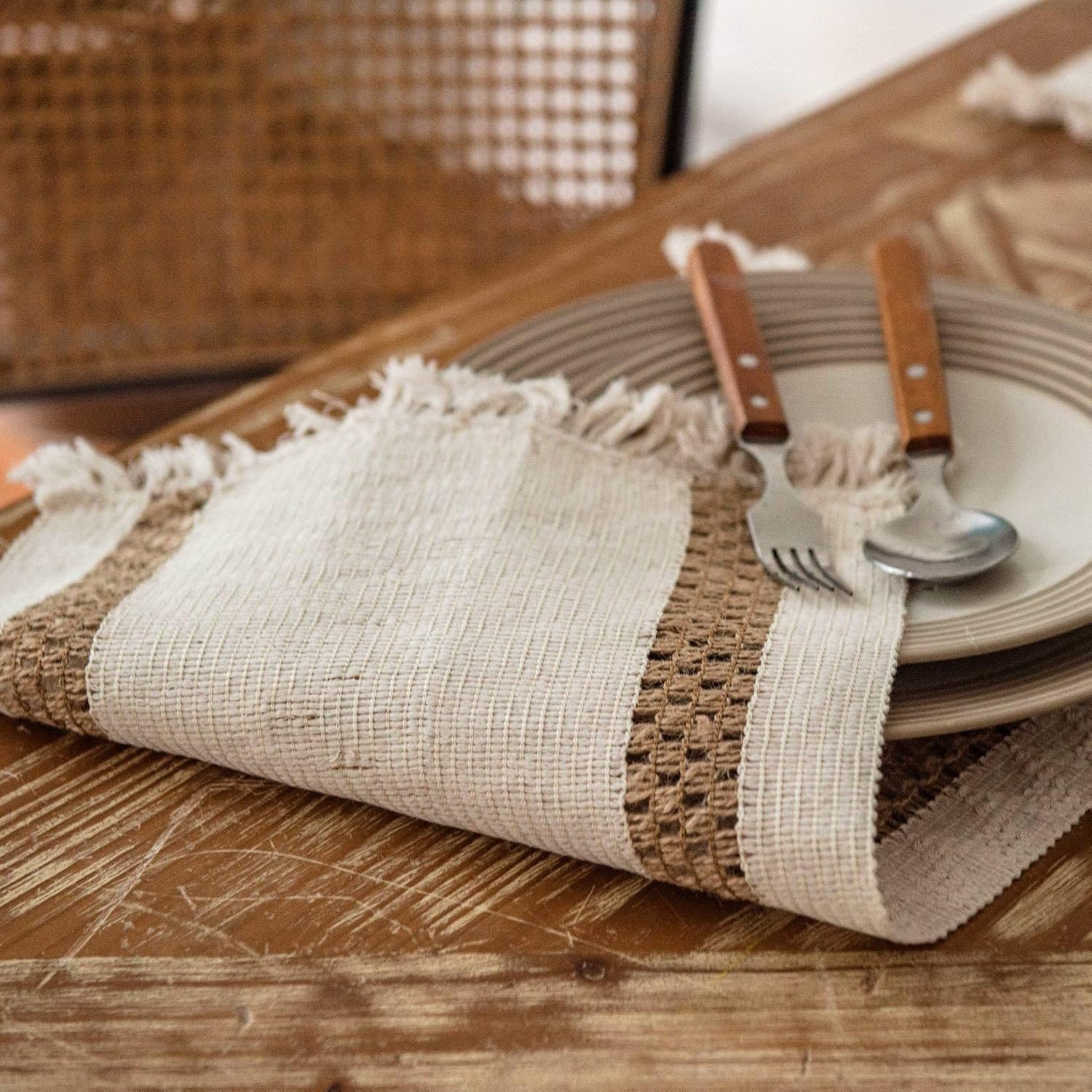 Set of 4 Boho Placemat Rectangle Handmade Macrame Cotton Table Mats Woven Jute Tassel Placemat Retro Table Decor Fringe Cotton Coffee Mat Kitchen Dining Table Farmhouse Decor Bohemian Style