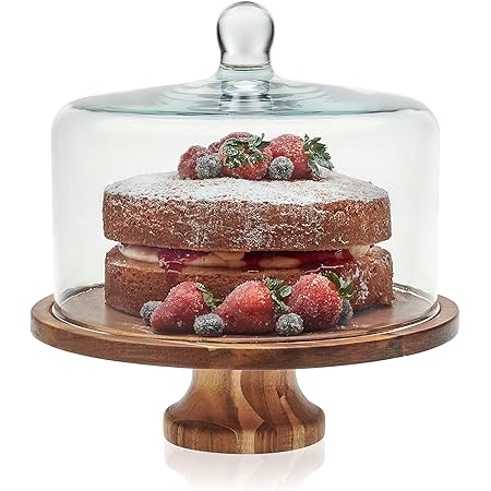 Libbey Acaciawood Footed Round Wood Server Cake Stand with Glass Dome