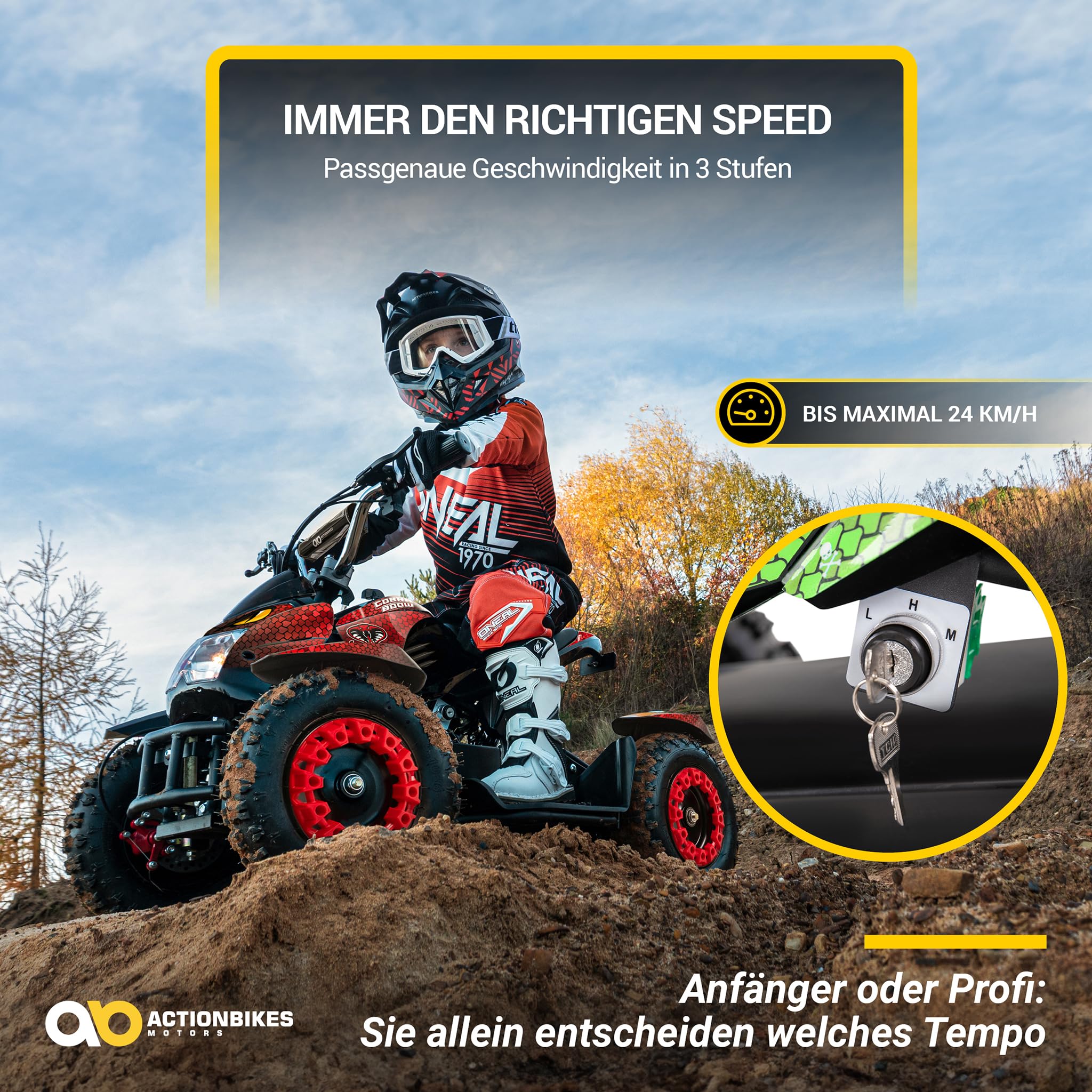 Actionbikes Motors Kinder Quad Elektro ATV Cobra | 𝟑𝟔 Volt 𝟖𝟎𝟎 Watt Motor bis 𝟐𝟒 km/h - Kinderquad - Pocket Quad - Safety Touch Fußschalter - Miniquad - Für Kinder ab 8 Jahren (Grün/Schwarz)