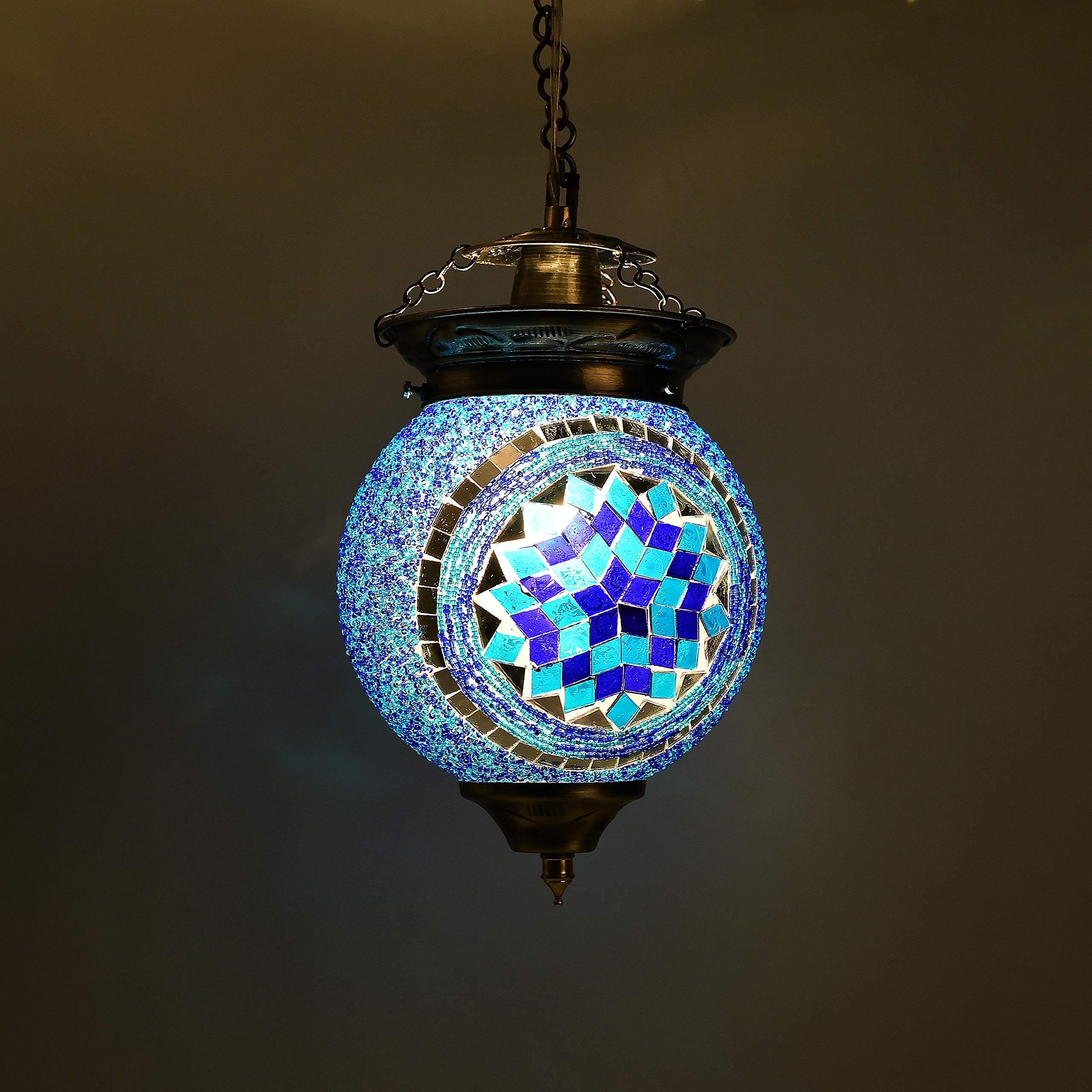 Homesake Turkish Moroccan Style Mosaic Hanging Lamp - Handmade Decorative Hanging Light, Pendant Light, Vintage Ceiling Fixture, Bohemian Home Decor, Stained Glass Lantern, Blue Mosaic Globe