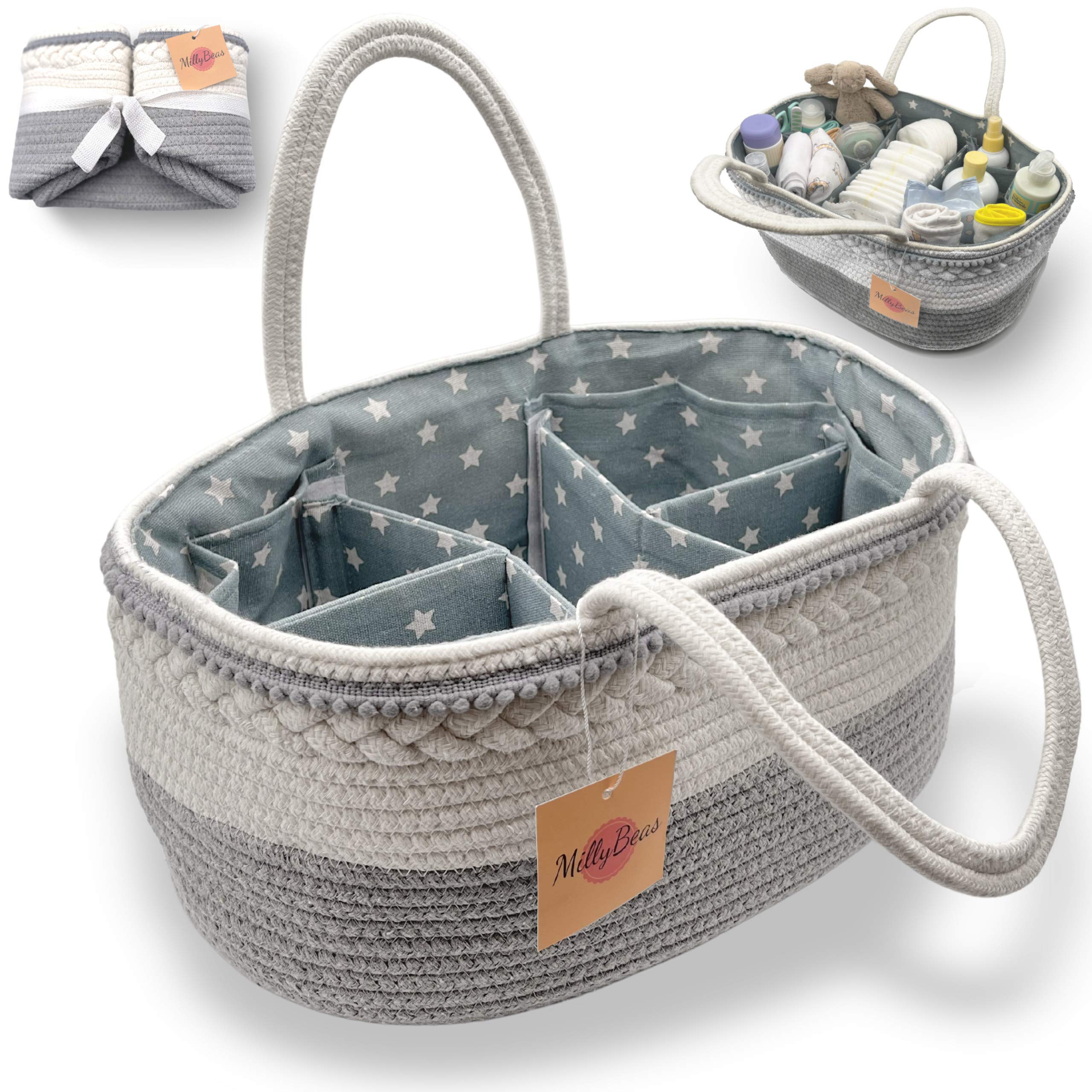 Millybeas Baby Nappy Caddy Organiser, Cotton Rope Basket for Diaper