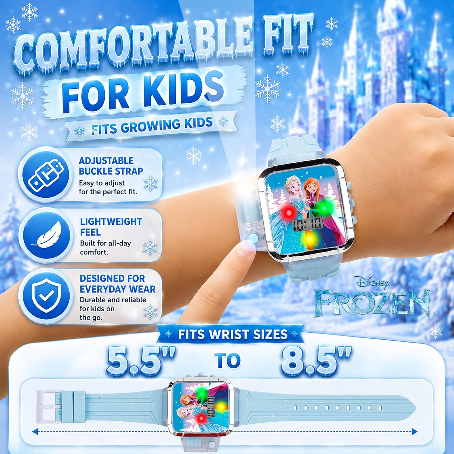 Disney Frozen Kids LCD Digital Watch with LED Light Show, Flashlight and Blue Silicone Strap