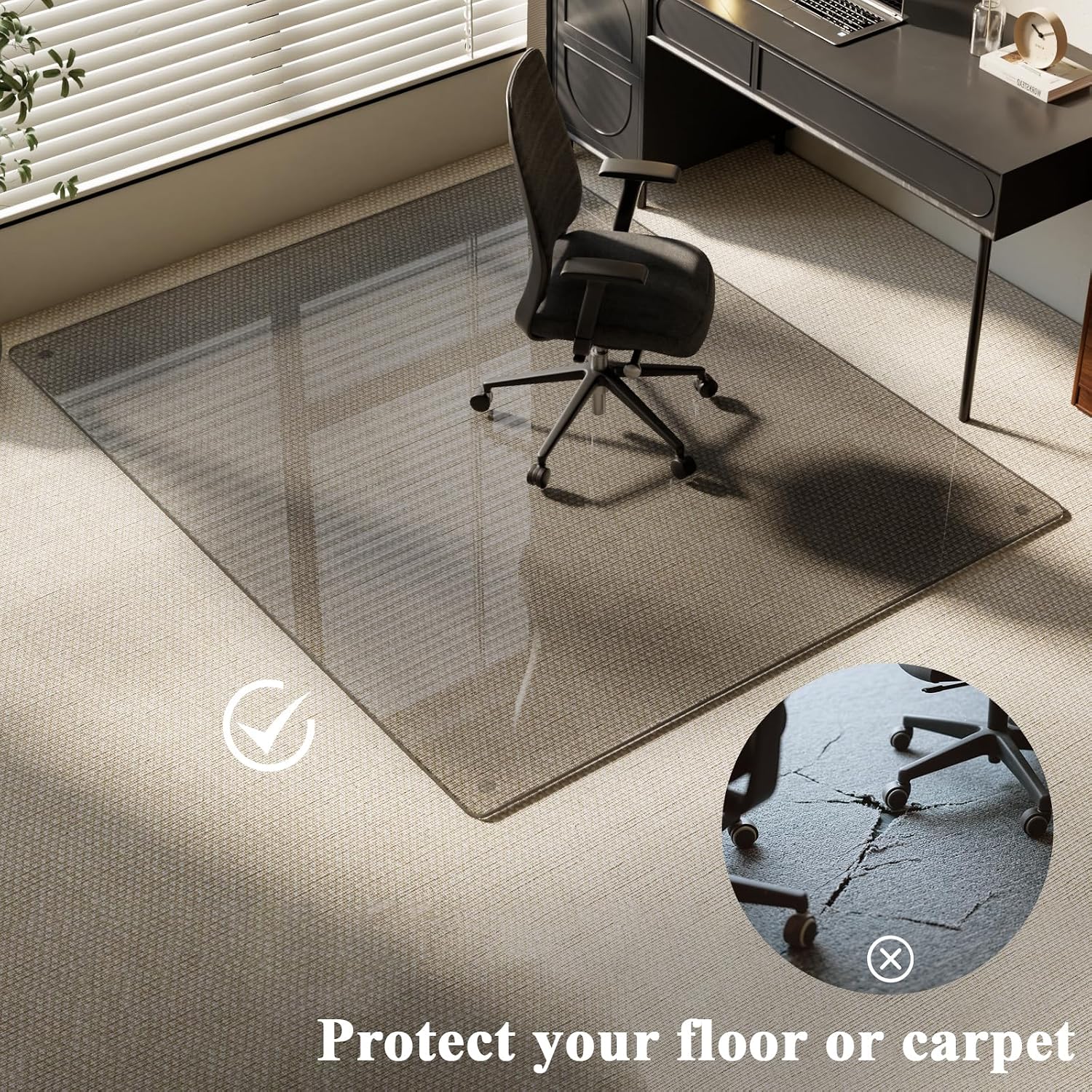 Tempered Glass Desk Mat 46"x 55" Heavy Duty Hard Floor Mat Polished Edge 1/5" Thick Clear Floor Mat with 4 Anti-Slip Pads for Home Office Desk Chair Computer Grey, Rectangular