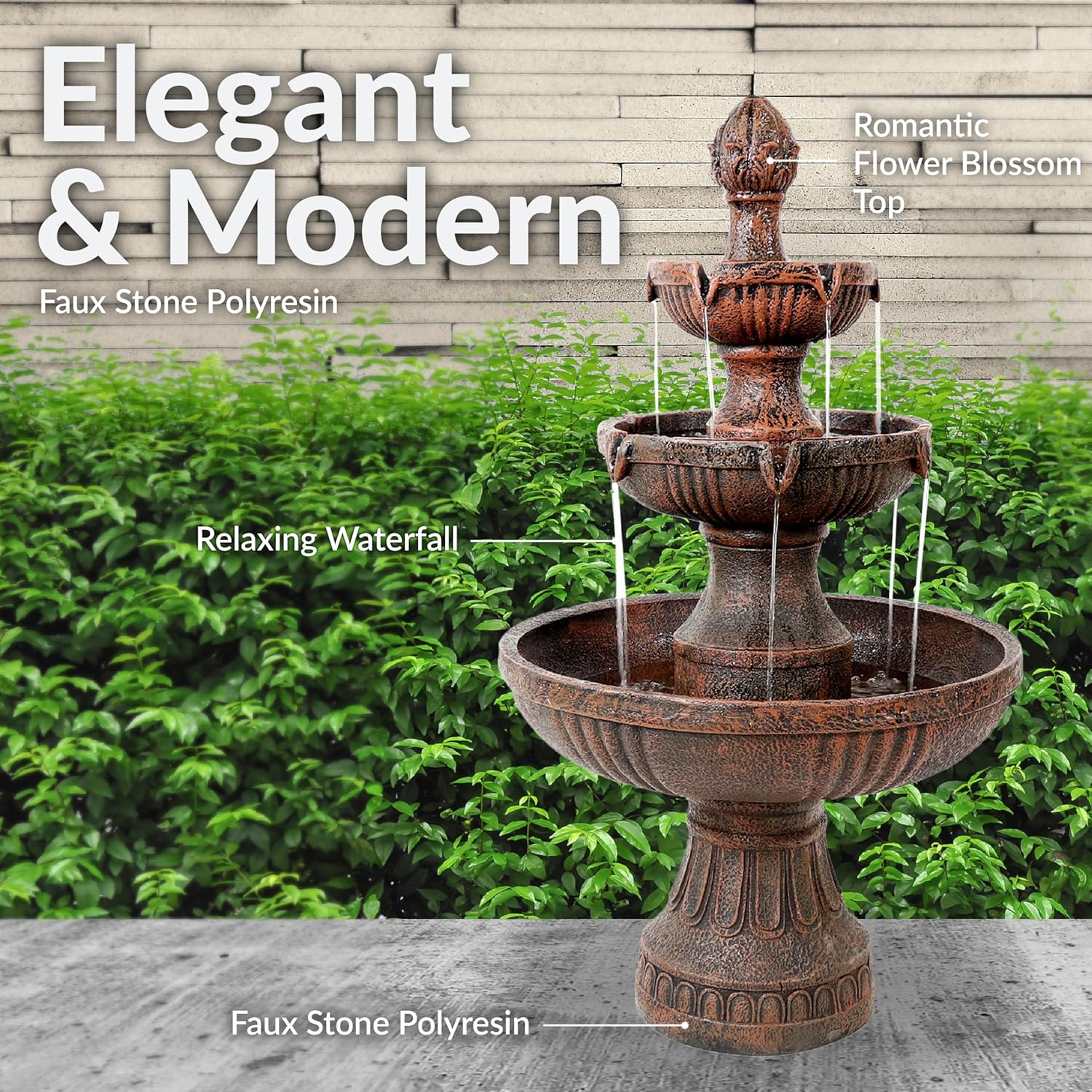 Sunnydaze Flower Blossom 43" Tiered Outdoor Water Fountain - 3-Tiered Outdoor Fountain for Garden, Patio, or Backyard - Earth Finish