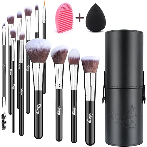 Qivange Makeup Brushes with Case, Makeup Brush Set 12PCS Foundation Powder Concealers eyeshadow Face Blush Brushes with Blender Sponge Sponge, Brush Cleaner(12 pcs, Black with Sliver)