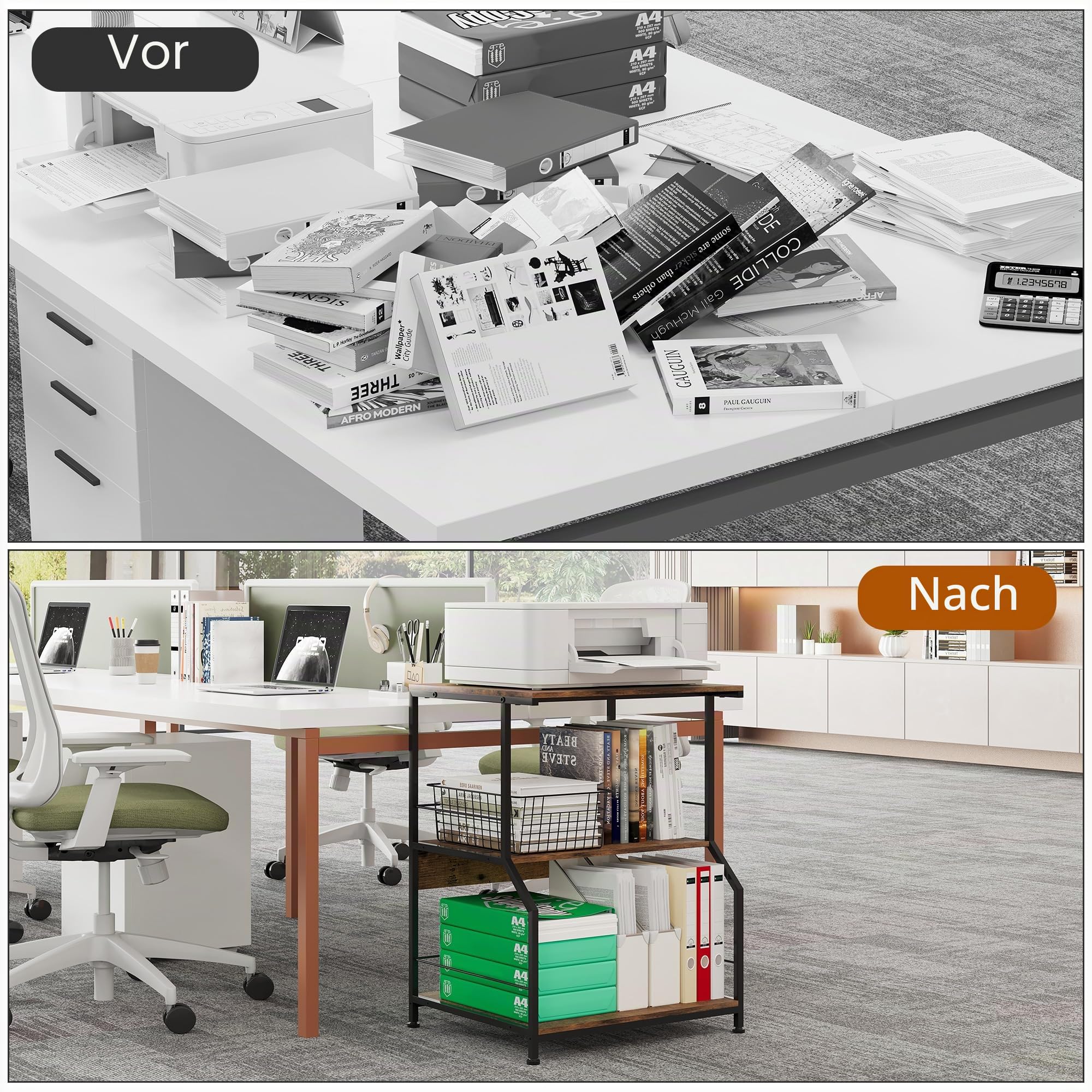 TQVAI Druckertisch mit Rollen 3-Stufig Groß Holz Druckerständer Schreibtisch Aufbewahrungsregal Printer Table für Zuhause Büro Küche Schule, Schwarz/Antik