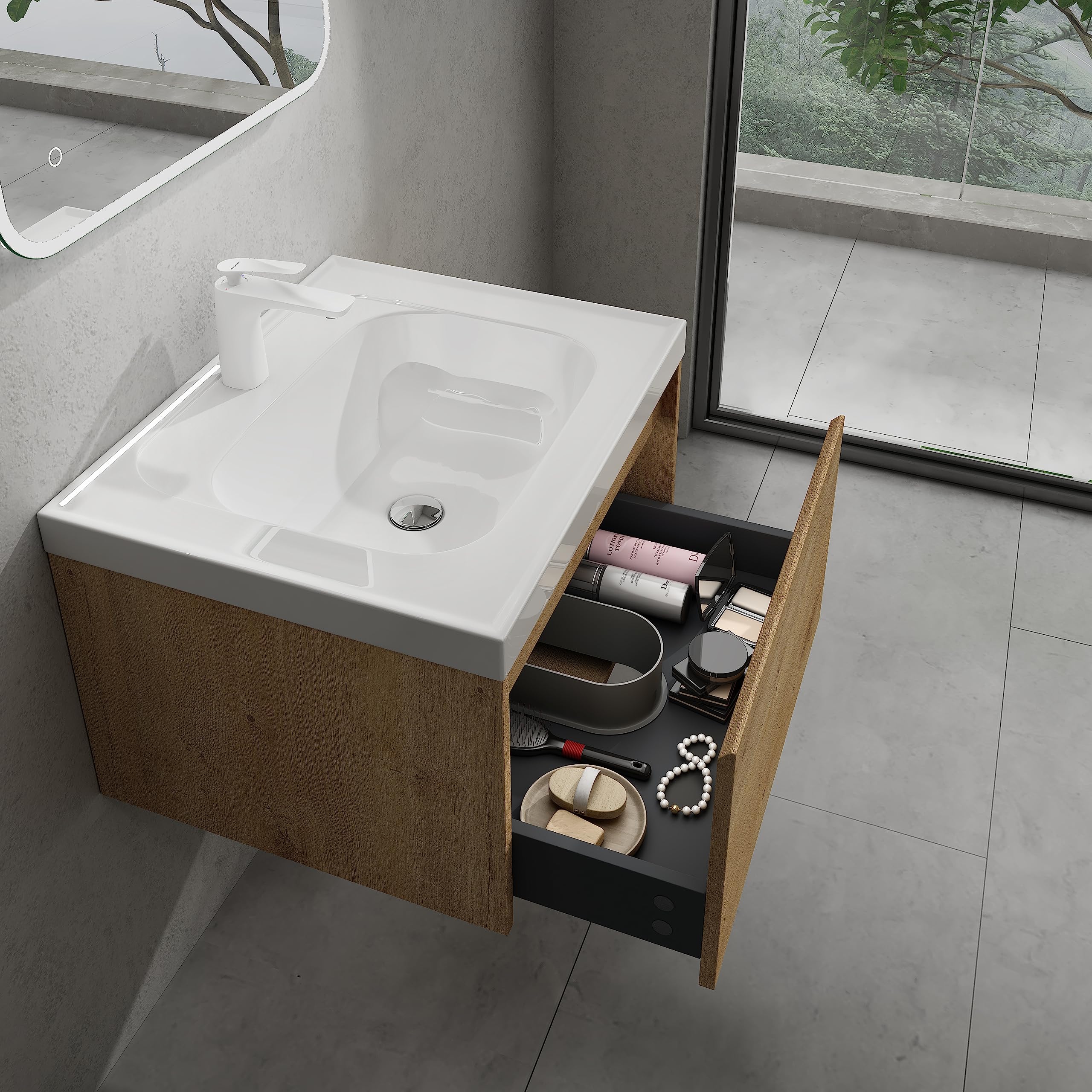 doporro Meuble de Salle de Bains Marron Clair Ensemble de 2 Pièces Meuble Suspendu avec Lavabo 80cm avec Soft-close Design Salerno