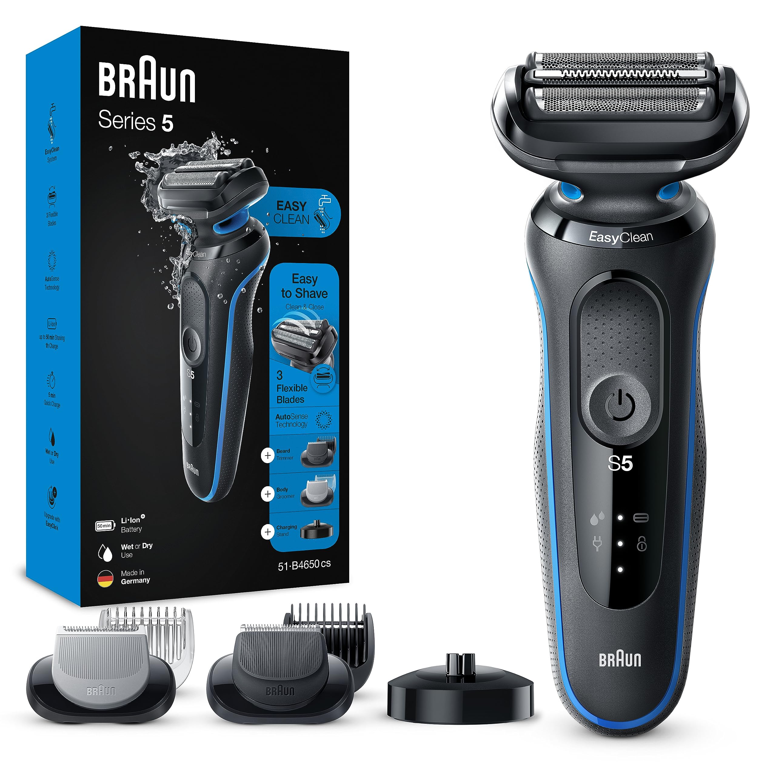 Braun Series 5 Afeitadora Eléctrica Hombre, Cortapelos, hombre, Máquina de Afeitar Barba con 2 Accessorios EasyClick, Base De Carga, 51-B4650cs, Azul