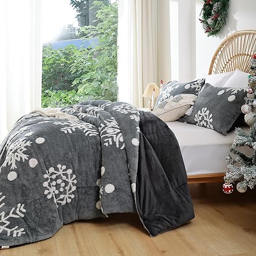 Miniatura 5 de JANZAA Juego de edredón de terciopelo gris oscuro con copos de nieve blanco estereoscópico de 3 piezas, tamaño King, suave y esponjoso