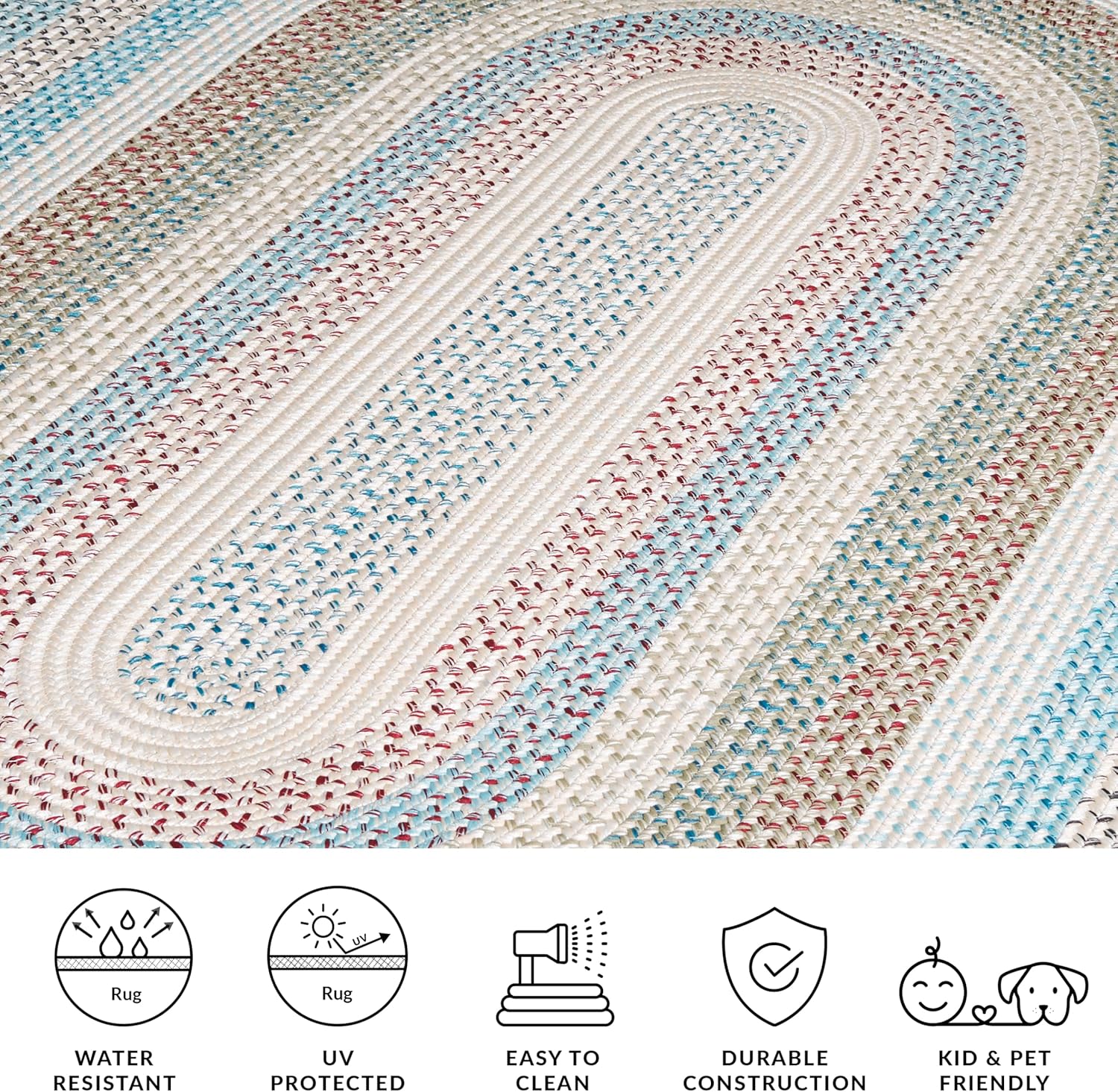SAFAVIEH Washable Rug Outdoor Braided Collection - 6' x 9' Oval, Beige & Light Blue, Handmade & Reversible, Non-Shedding & Easy to Clean, Ideal for Patio, Backyard, Mudroom (BRD322B)