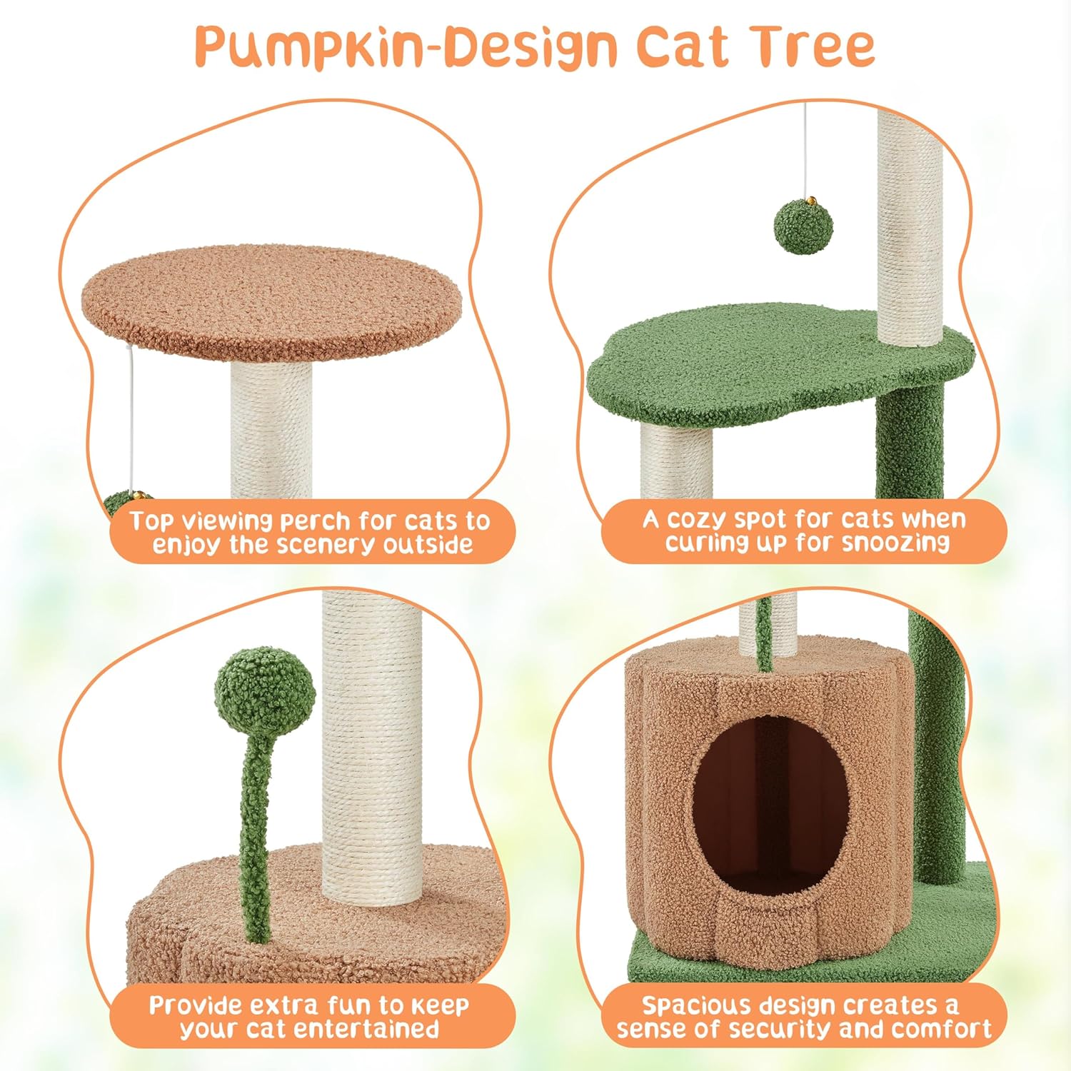 review Topeakmart Cat Tree, 42in Pumpkin Cat Tower with Spring Teasing Ball and Leaf Shape Design, Cute Cat Tree with Natural Sisal Scratching Posts, Platform, Condo for Indoor Cats, Green & Brown